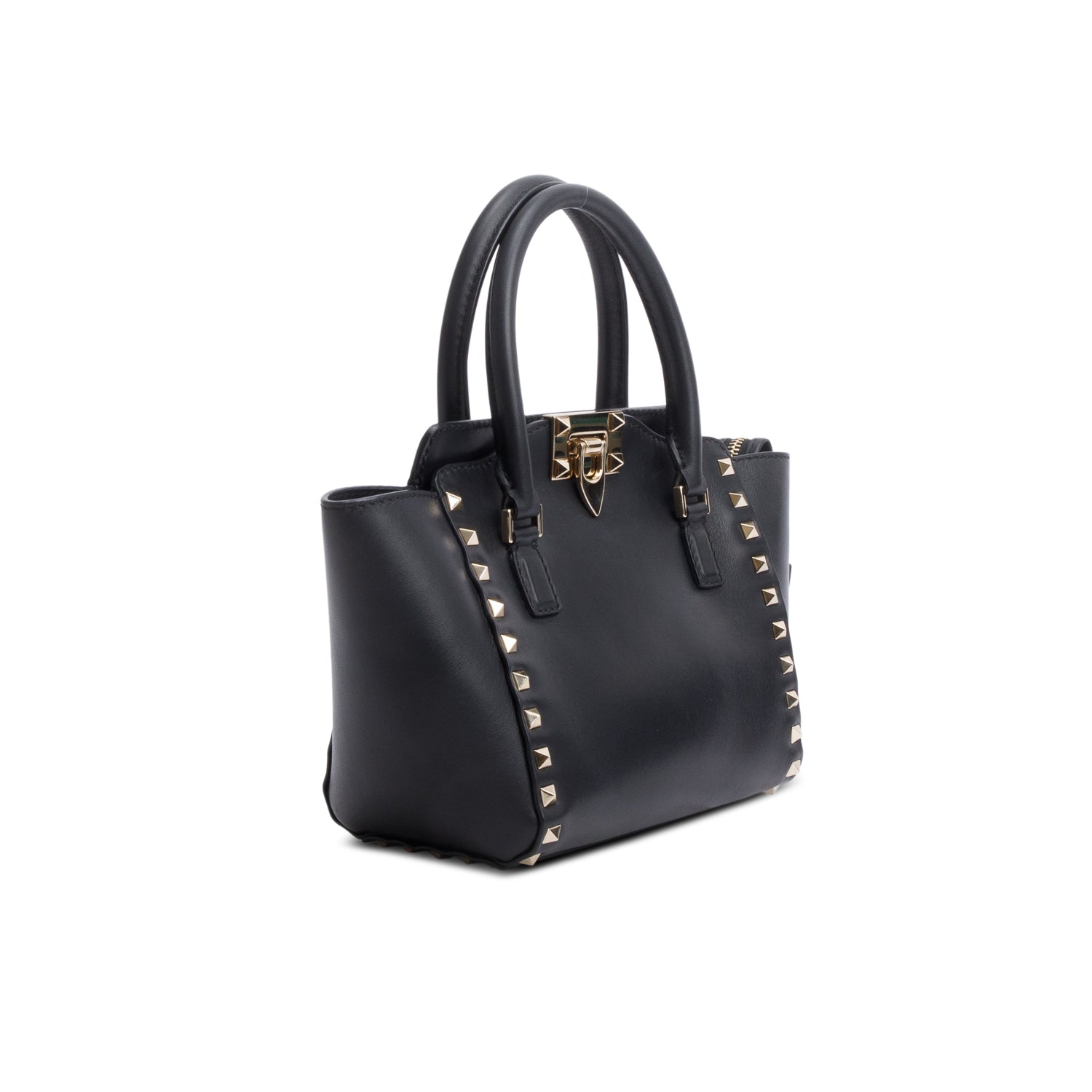 Valentino Black Smooth Leather Mini Rockstud Double Handle Tote w/ Strap