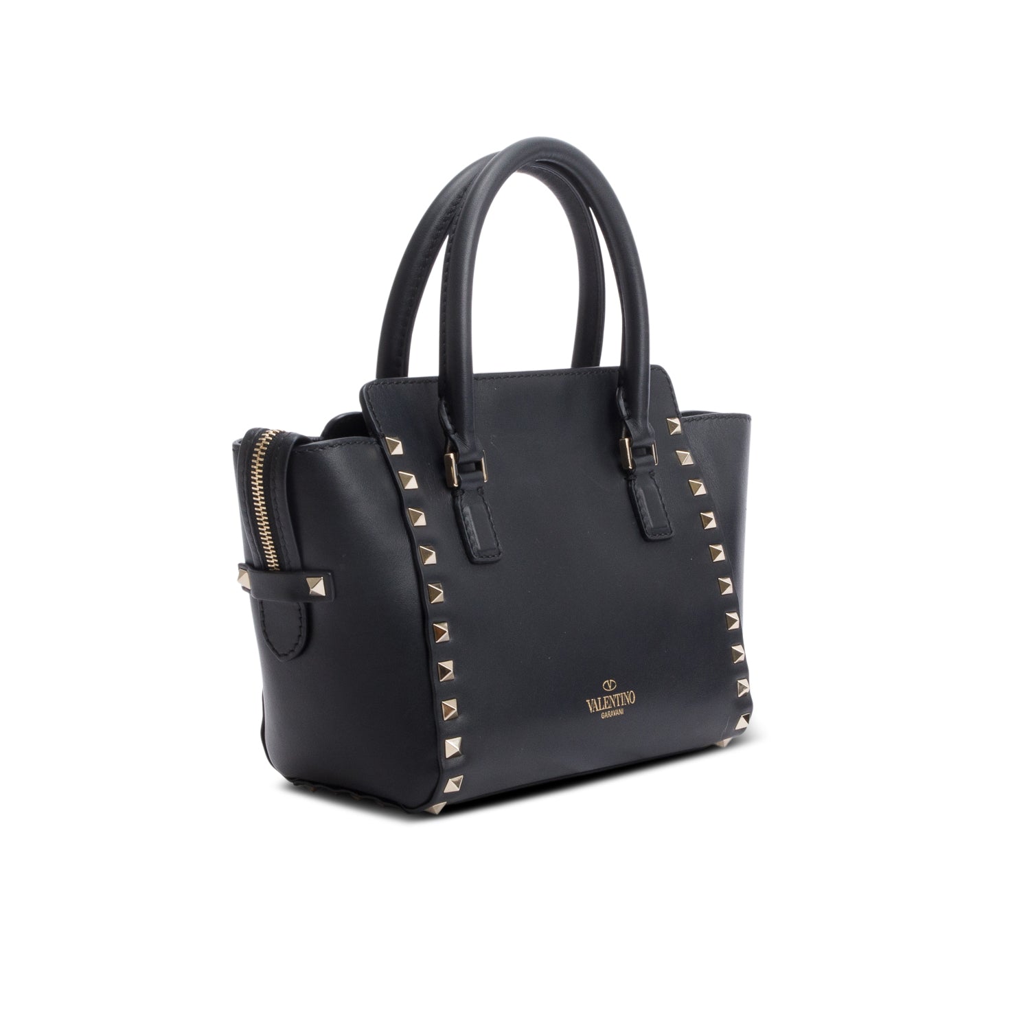 Valentino Black Smooth Leather Mini Rockstud Double Handle Tote w/ Strap