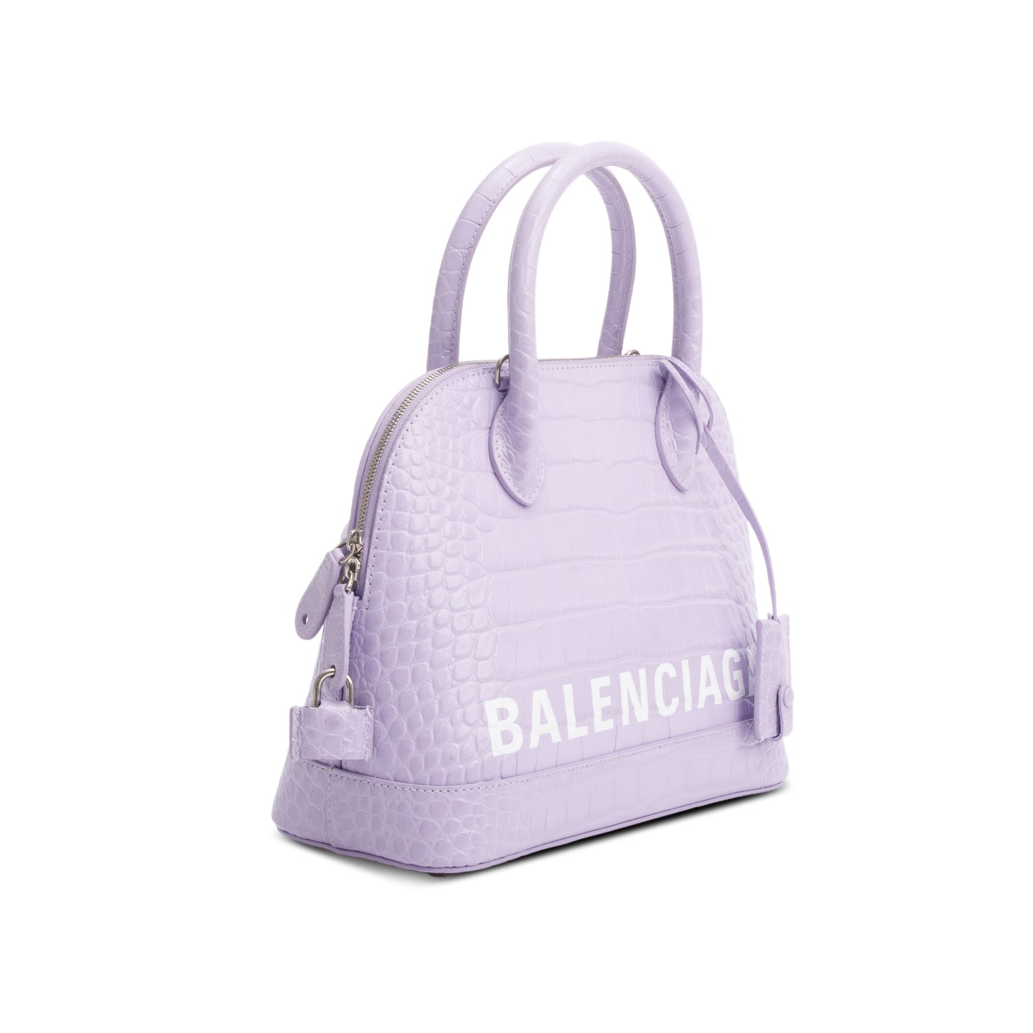 Balenciaga Lilac Shiny Calfskin Logo Croc Embossed S Ville Top Handle Bag w/ Strap