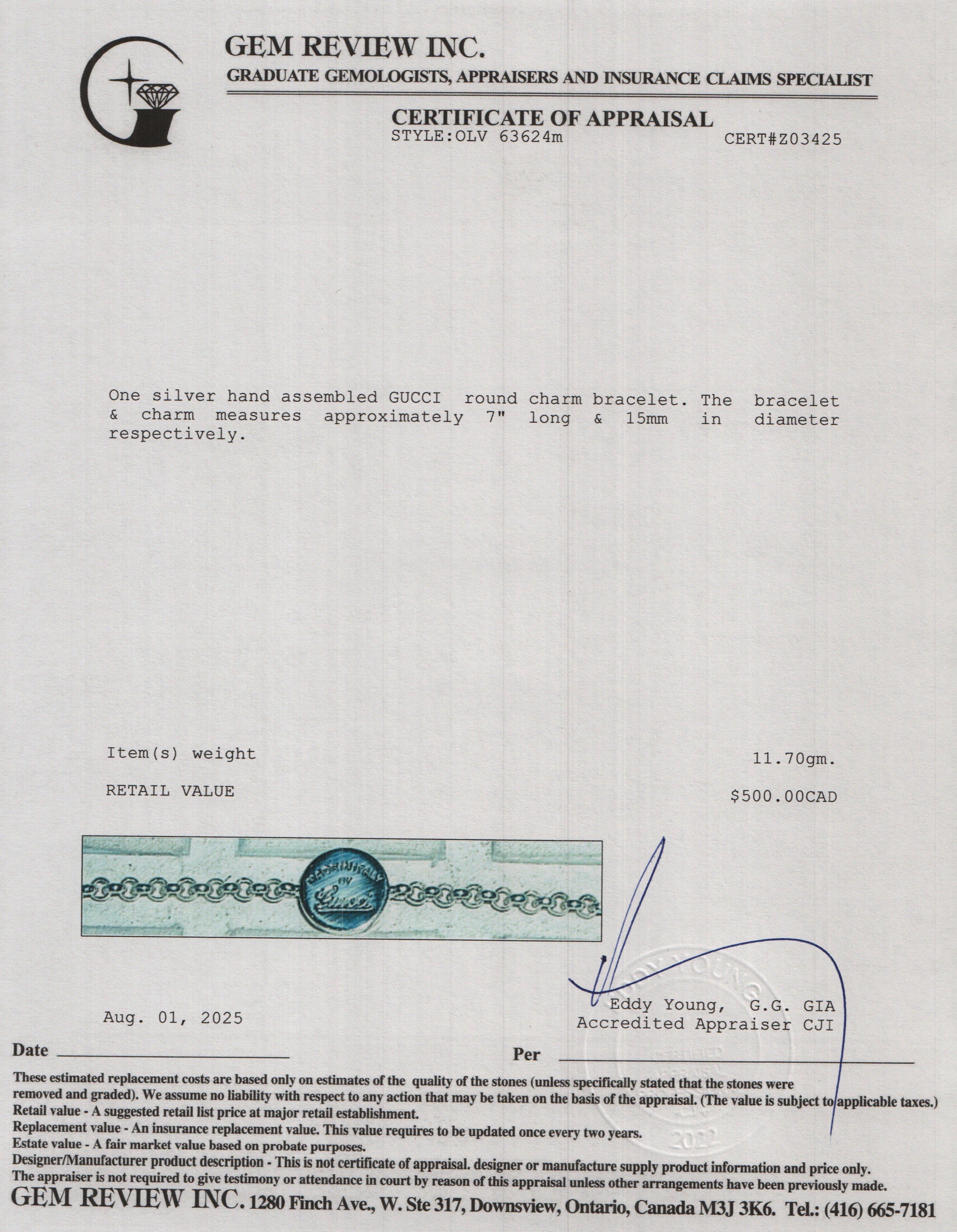 Gucci Sterling Silver Trademark Round Charm Bracelet