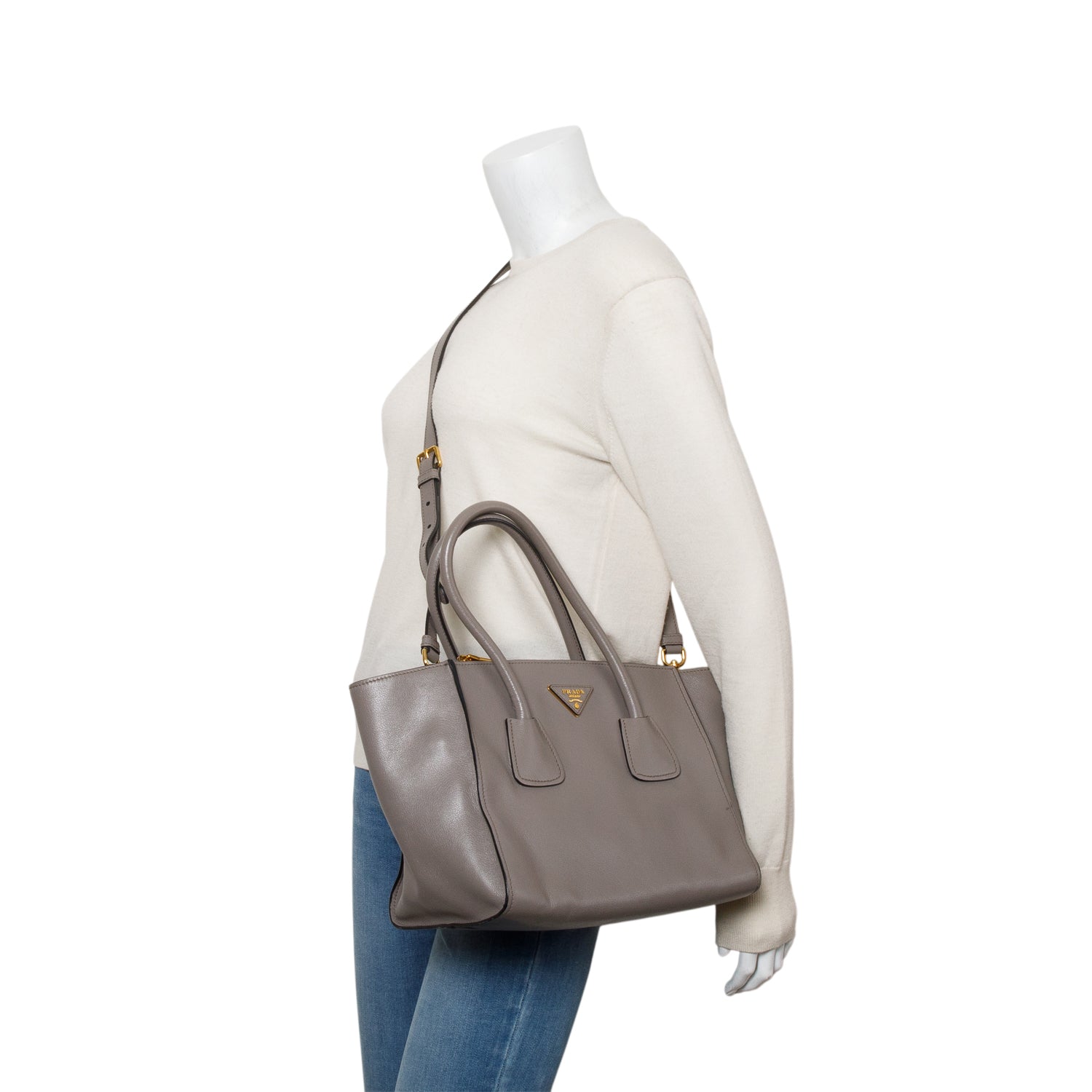 Prada Grey City Calf Small Twin Pocket Tote w/ Strap