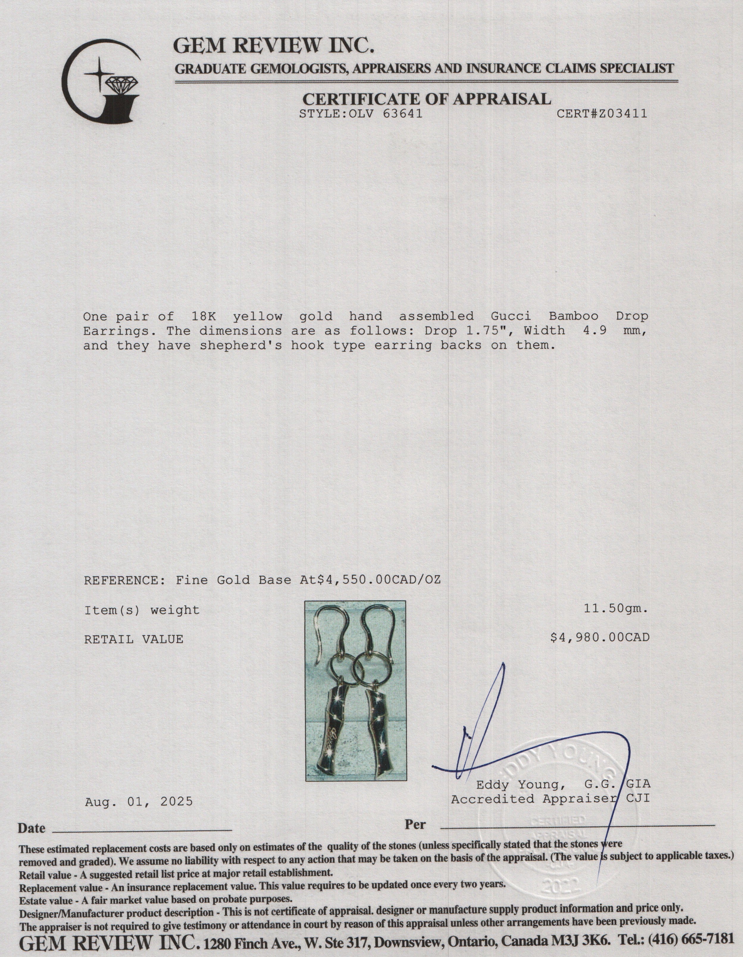 Gucci 18k Yellow Gold Bamboo Drop Earrings w/ Box