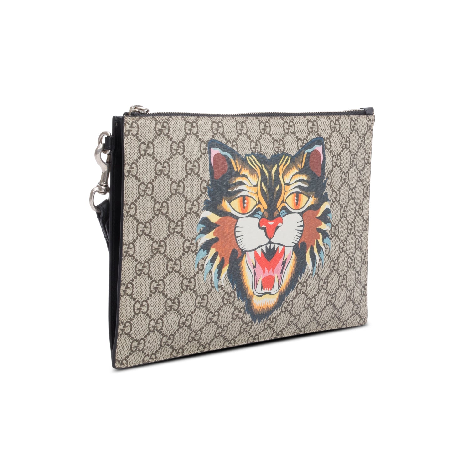 Gucci GG Supreme Monogram Angry Cat Zip Wristlet Pouch w/ Box