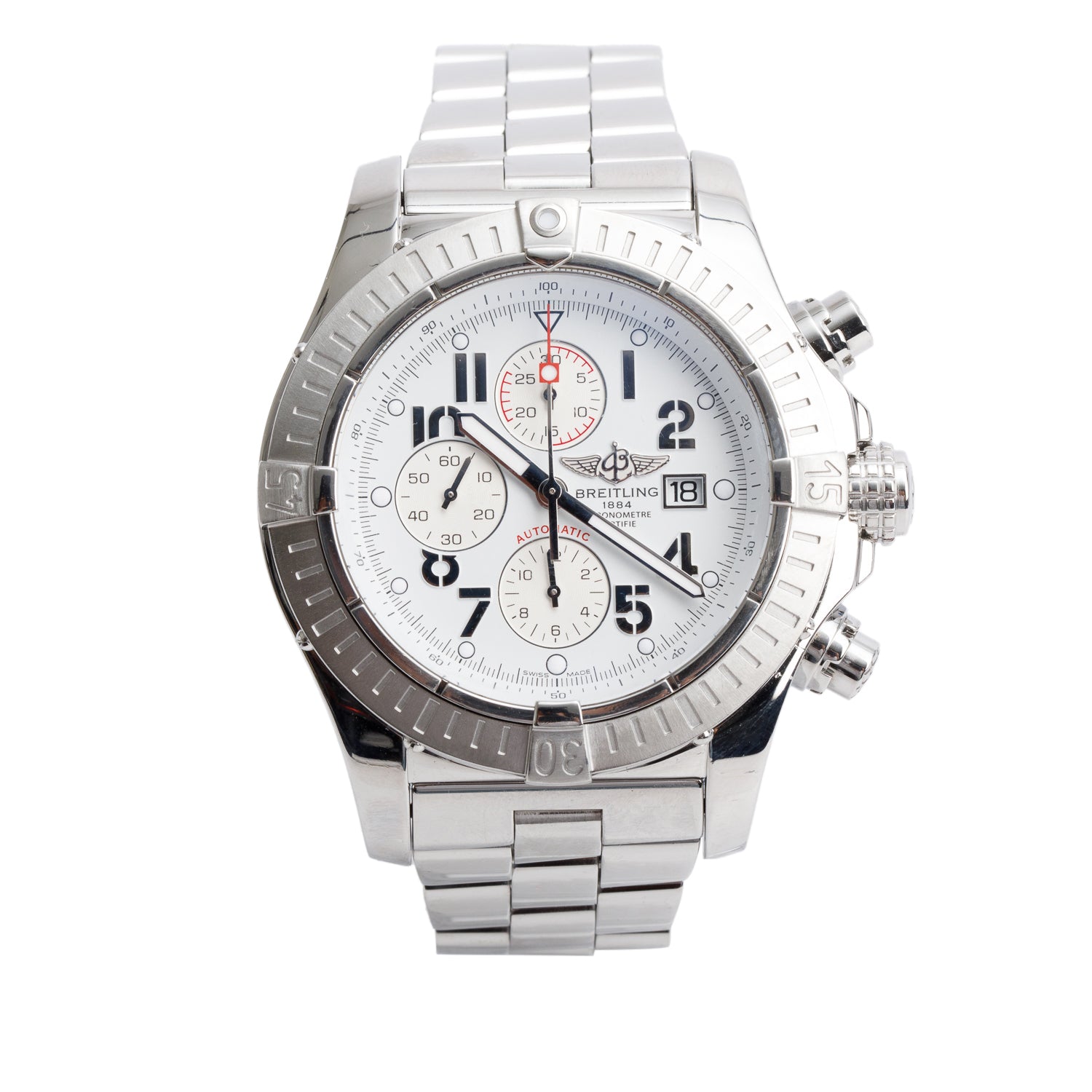 Breitling Stainless Steel Super Avenger 48 MM Automatic Chronograph Watch White Dial A13370 w/ Box, Papers & Extra Strap