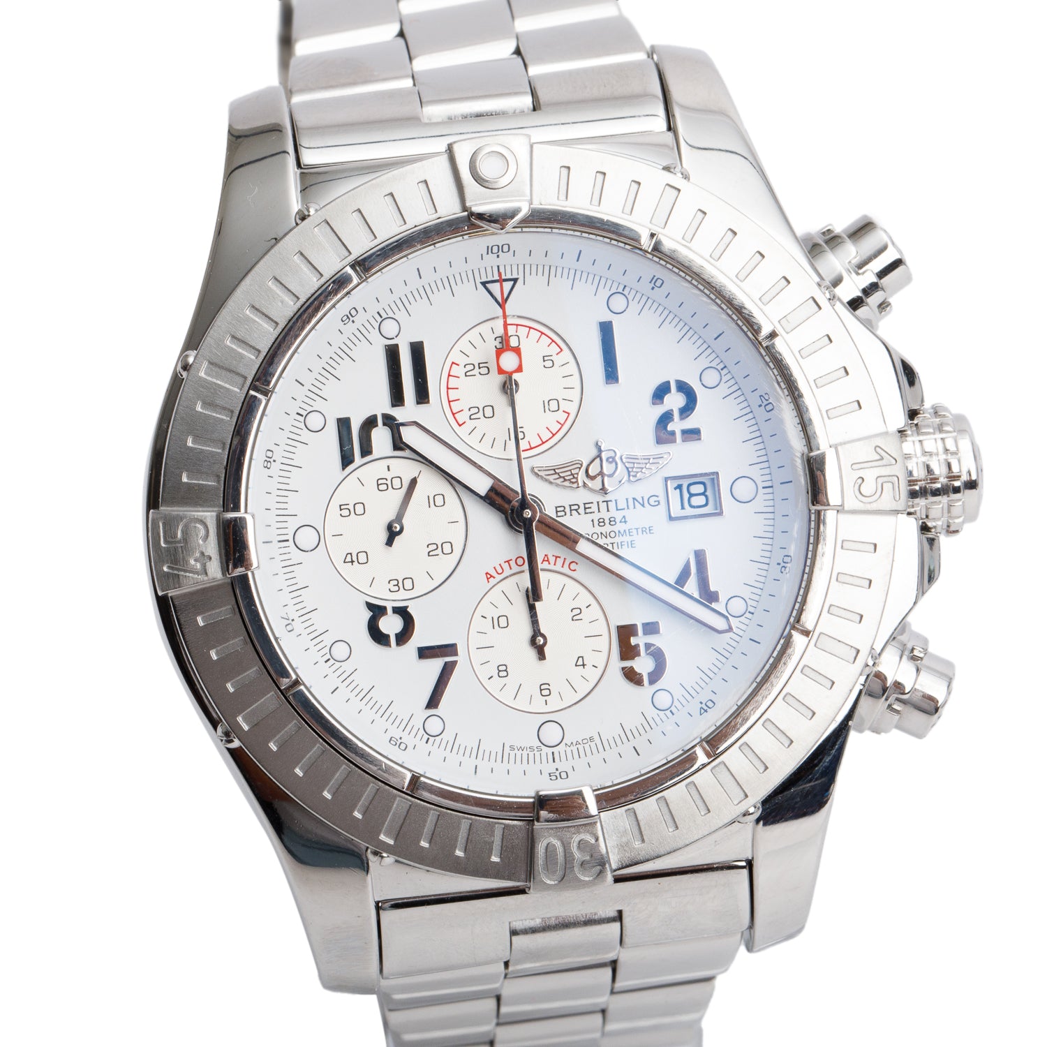 Breitling Stainless Steel Super Avenger 48 MM Automatic Chronograph Watch White Dial A13370 w/ Box, Papers & Extra Strap