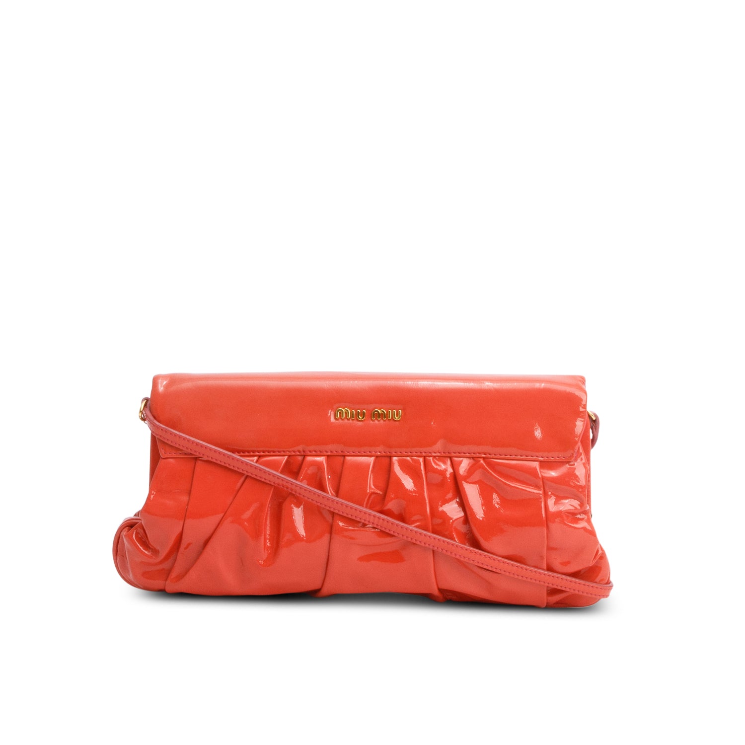 Miu Miu Orange Pleated Patent leather Clutch Bag