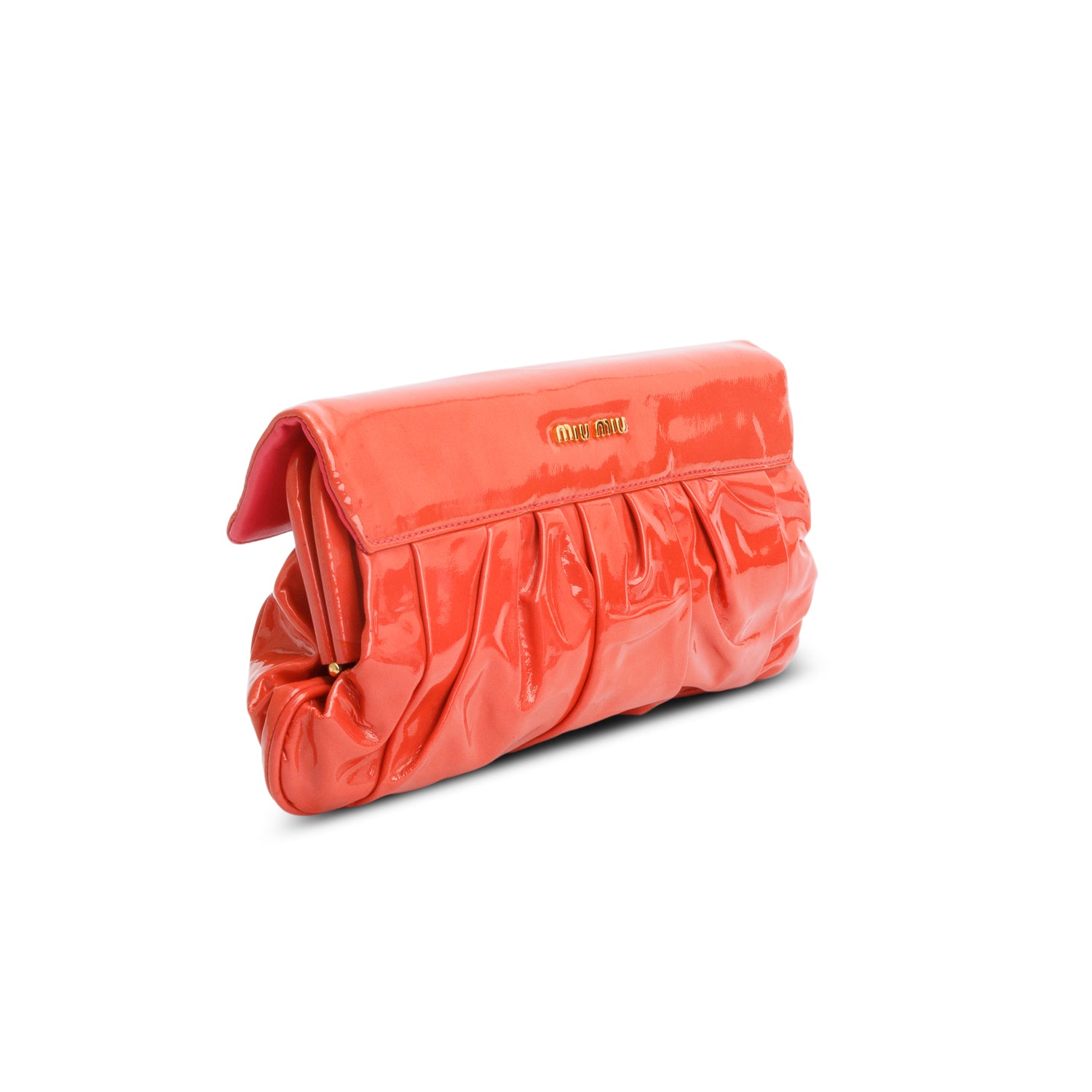 Miu Miu Orange Pleated Patent leather Clutch Bag