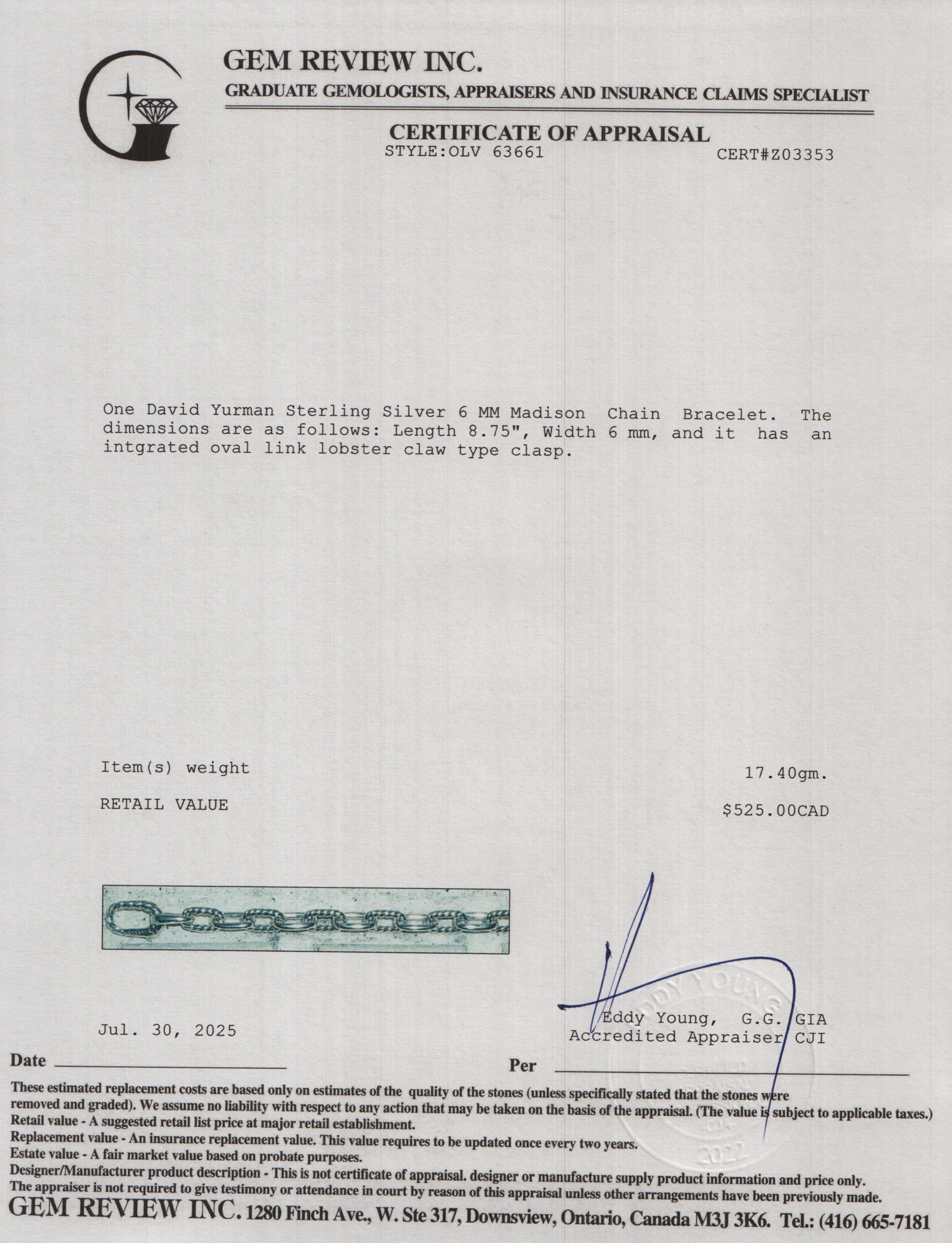 David Yurman Sterling Silver 6 MM Madison Chain Bracelet