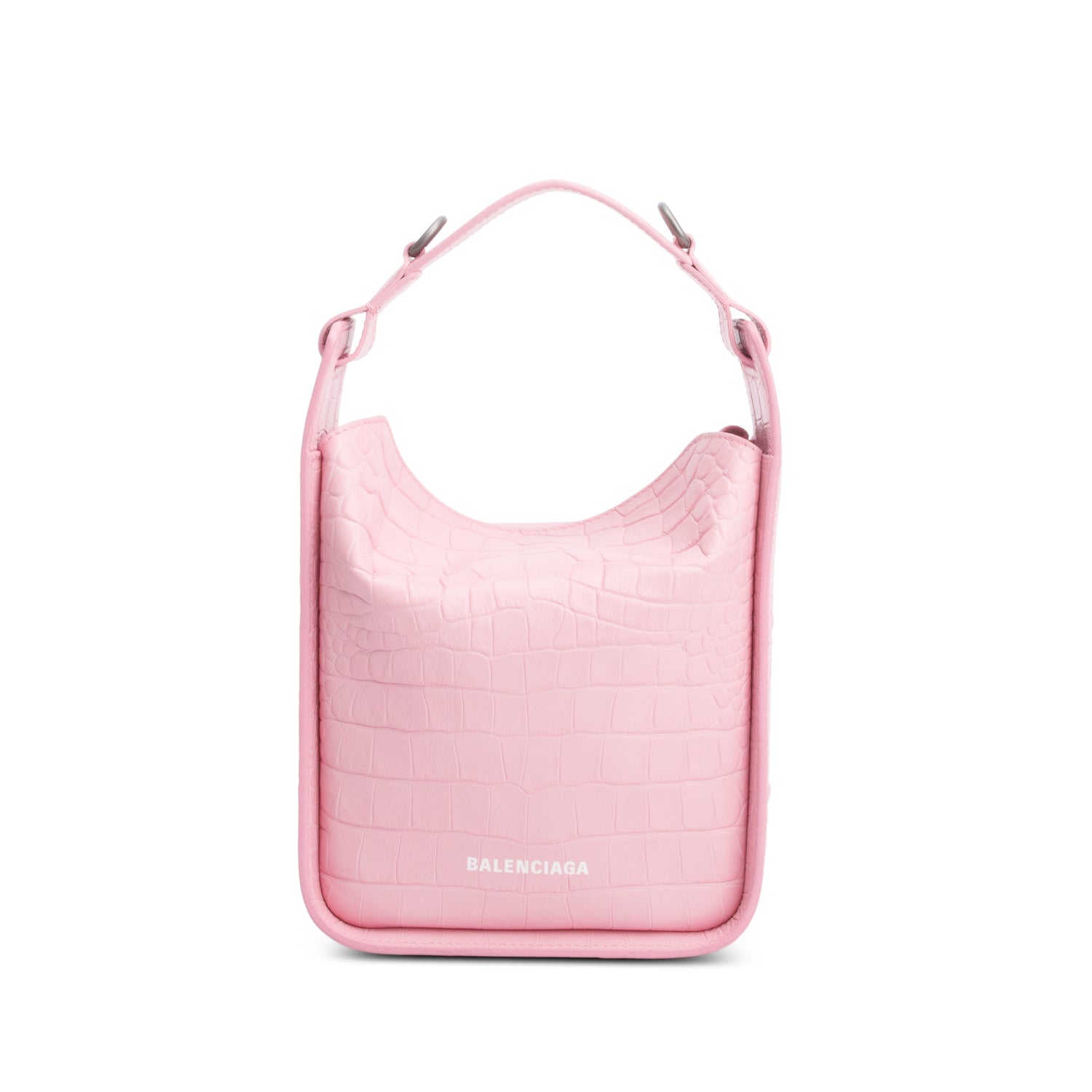 Balenciaga Pink Croc-Embossed Leather Tool 2.0 Small N/S Tote w/ Strap