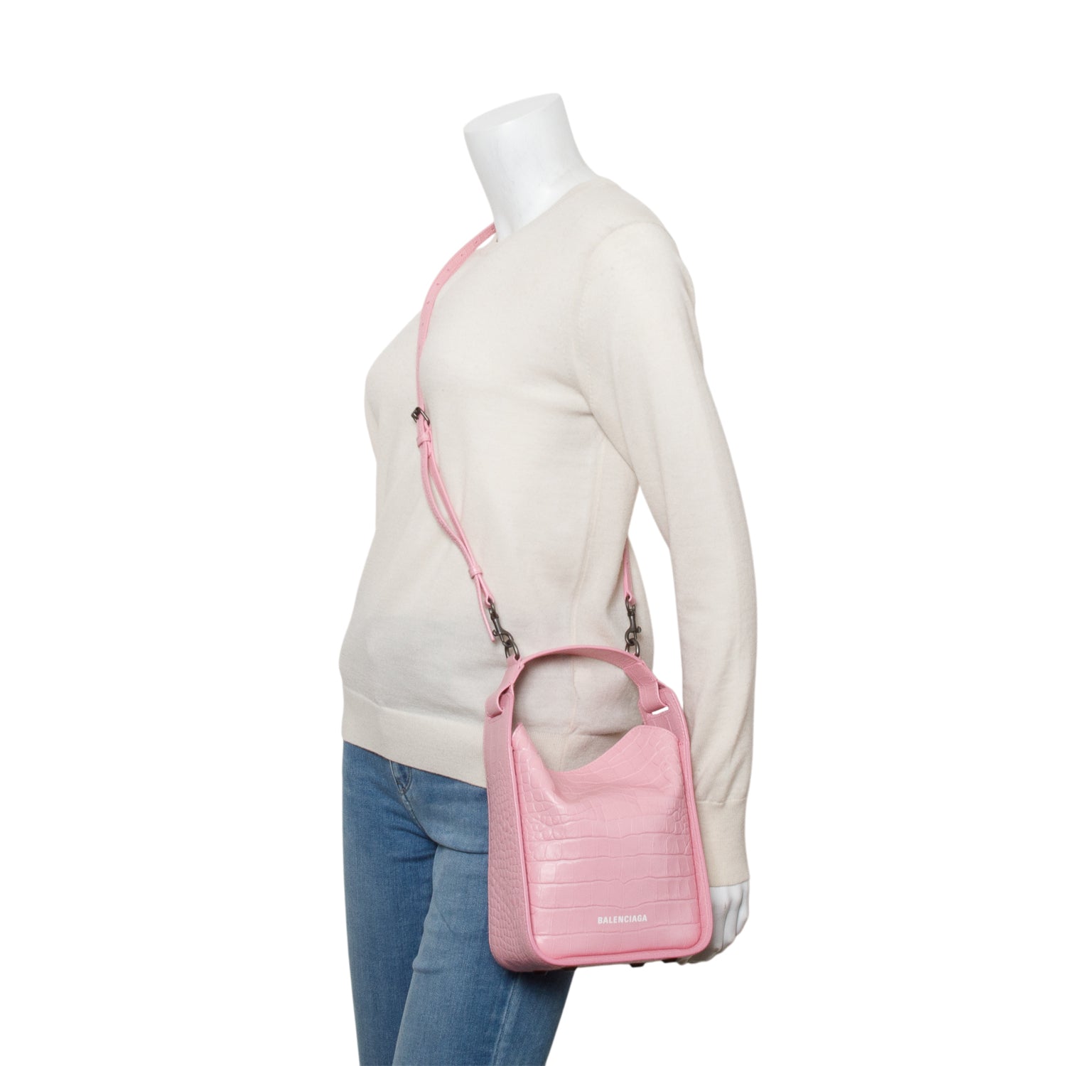 Balenciaga Pink Croc-Embossed Leather Tool 2.0 Small N/S Tote w/ Strap