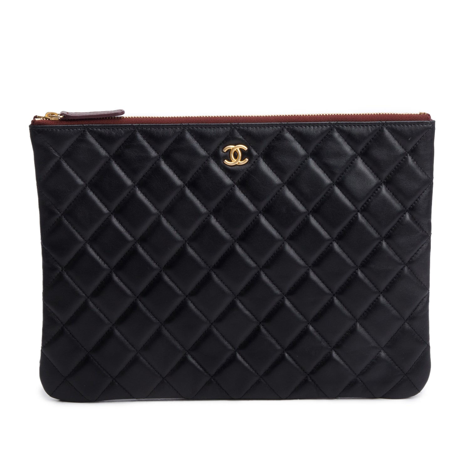 Chanel Black Quilted Lambskin Leather Medium O-Case Clutch w /Authenticity Card
