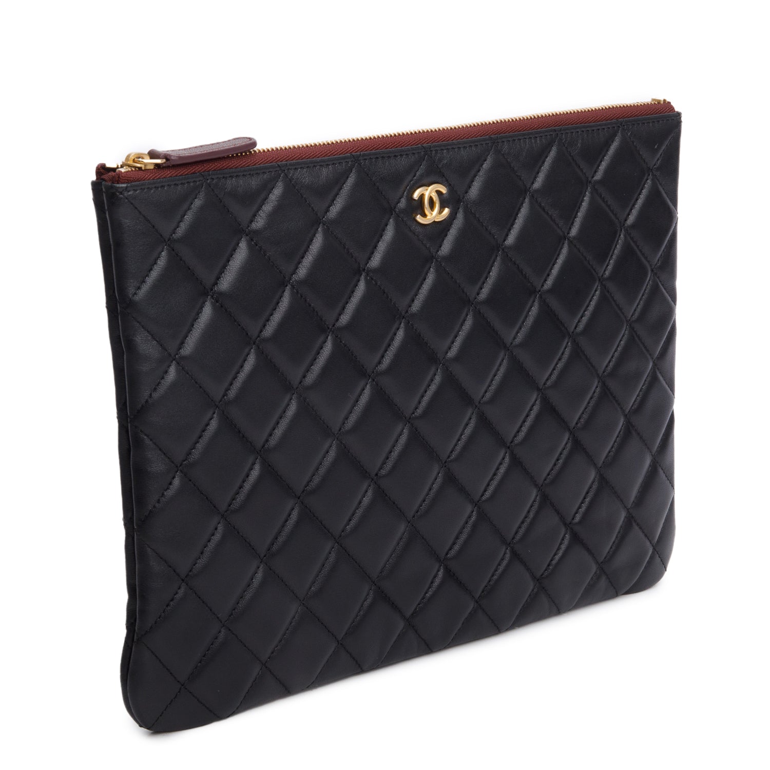 Chanel Black Quilted Lambskin Leather Medium O-Case Clutch w /Authenticity Card