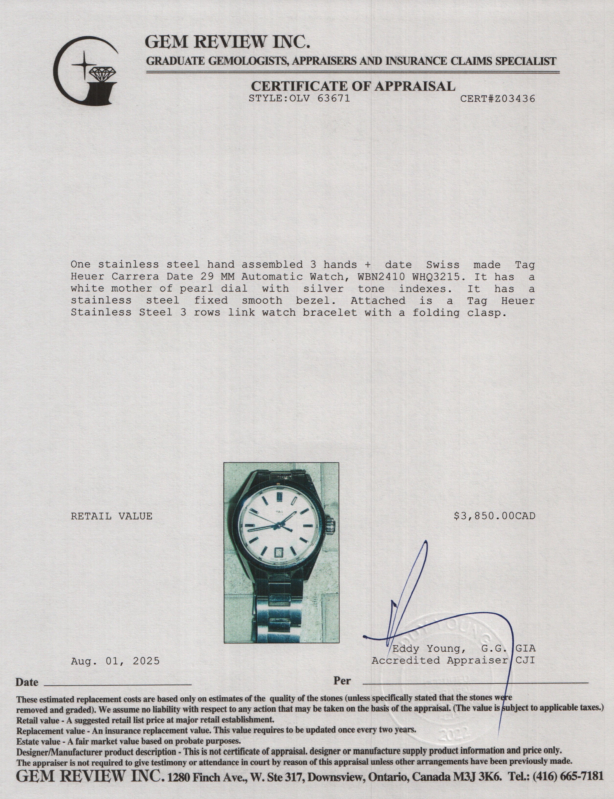 Tag Heuer 2022 Stainless Steel Carrera Date 29 MM Automatic Watch Mother of Pearl Dial WBN2410 w/ Box & Papers