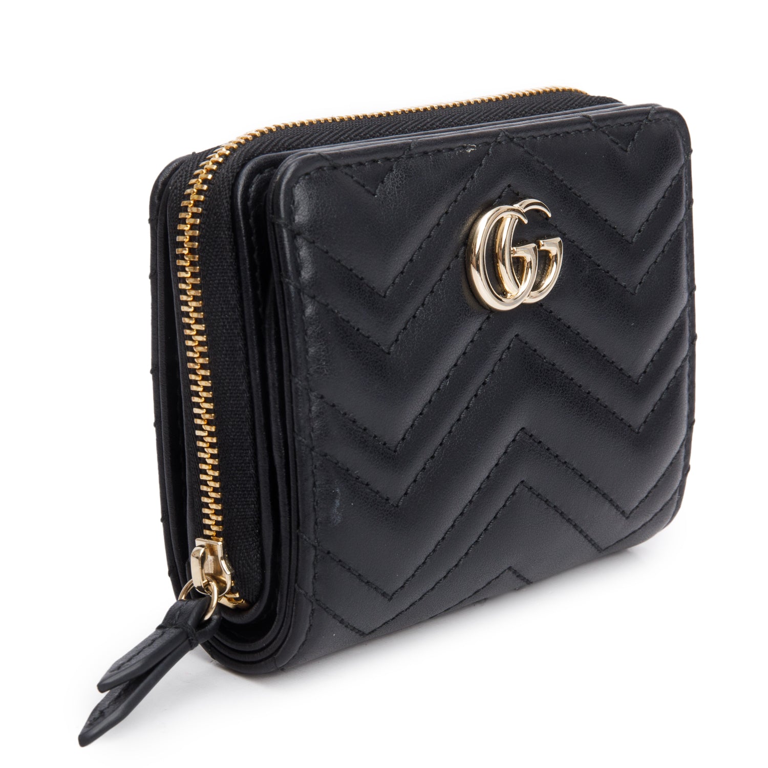 Gucci Black GG Marmont Matelasse Leather Compact Zip Mini Wallet w/ Box