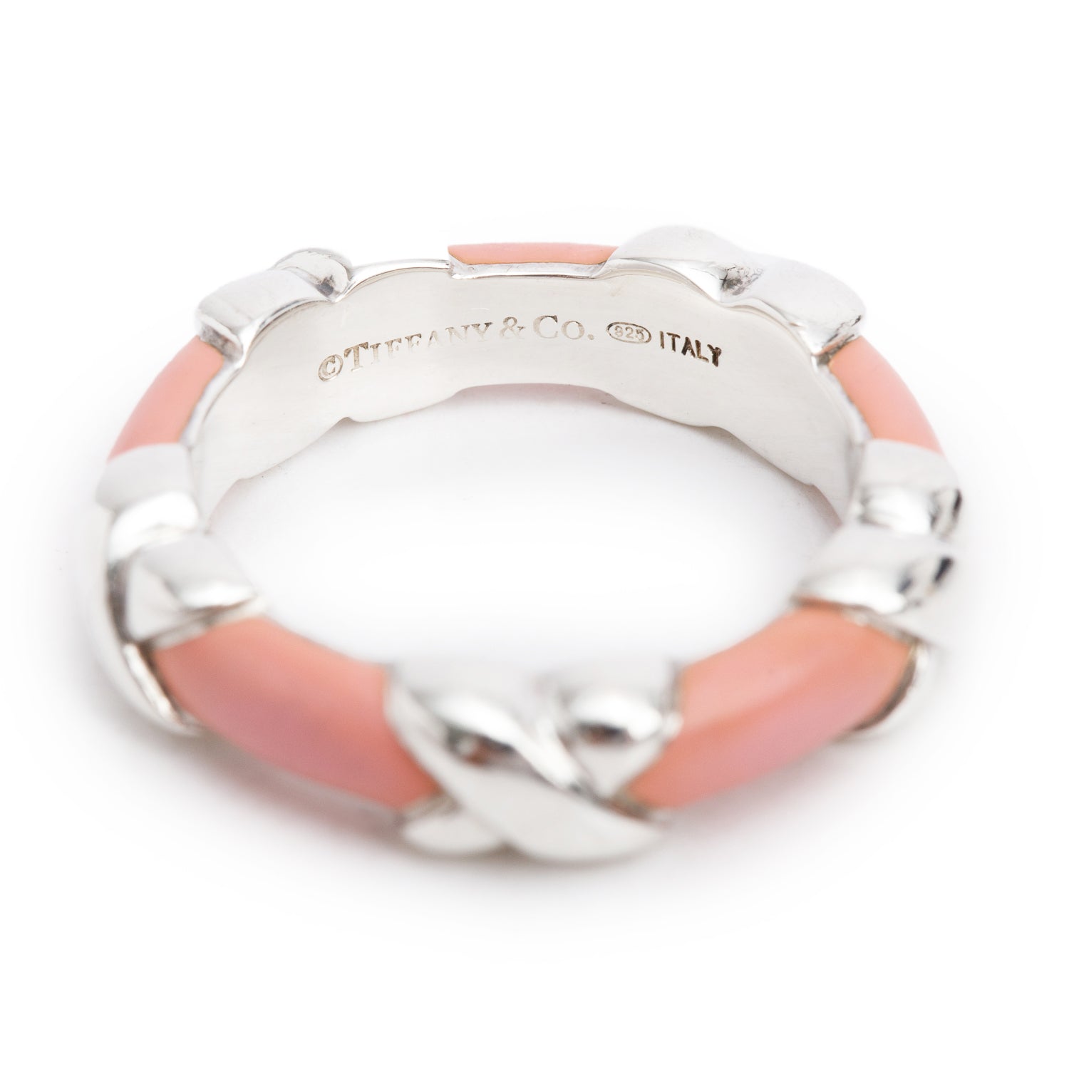 Tiffany & Co. Sterling Silver Pink Enamel X Band Ring, Size 4.5