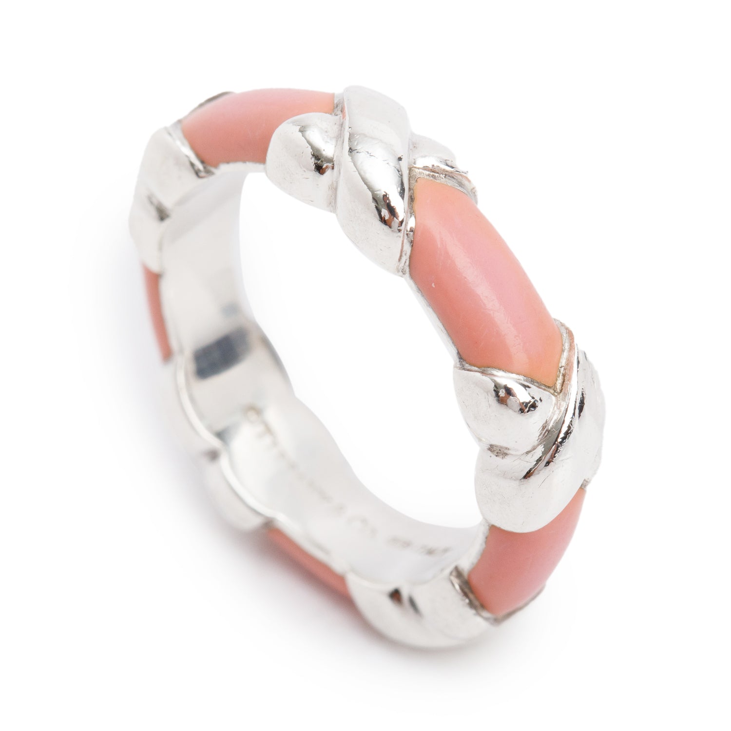 Tiffany & Co. Sterling Silver Pink Enamel X Band Ring, Size 4.5