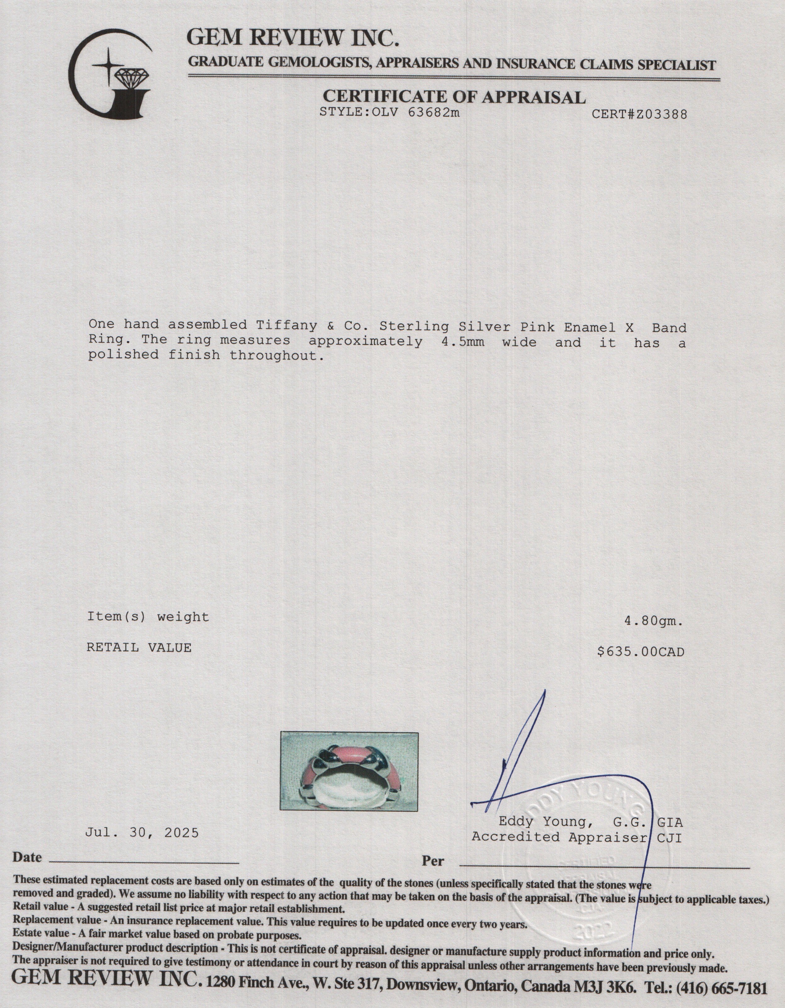 Tiffany & Co. Sterling Silver Pink Enamel X Band Ring, Size 4.5