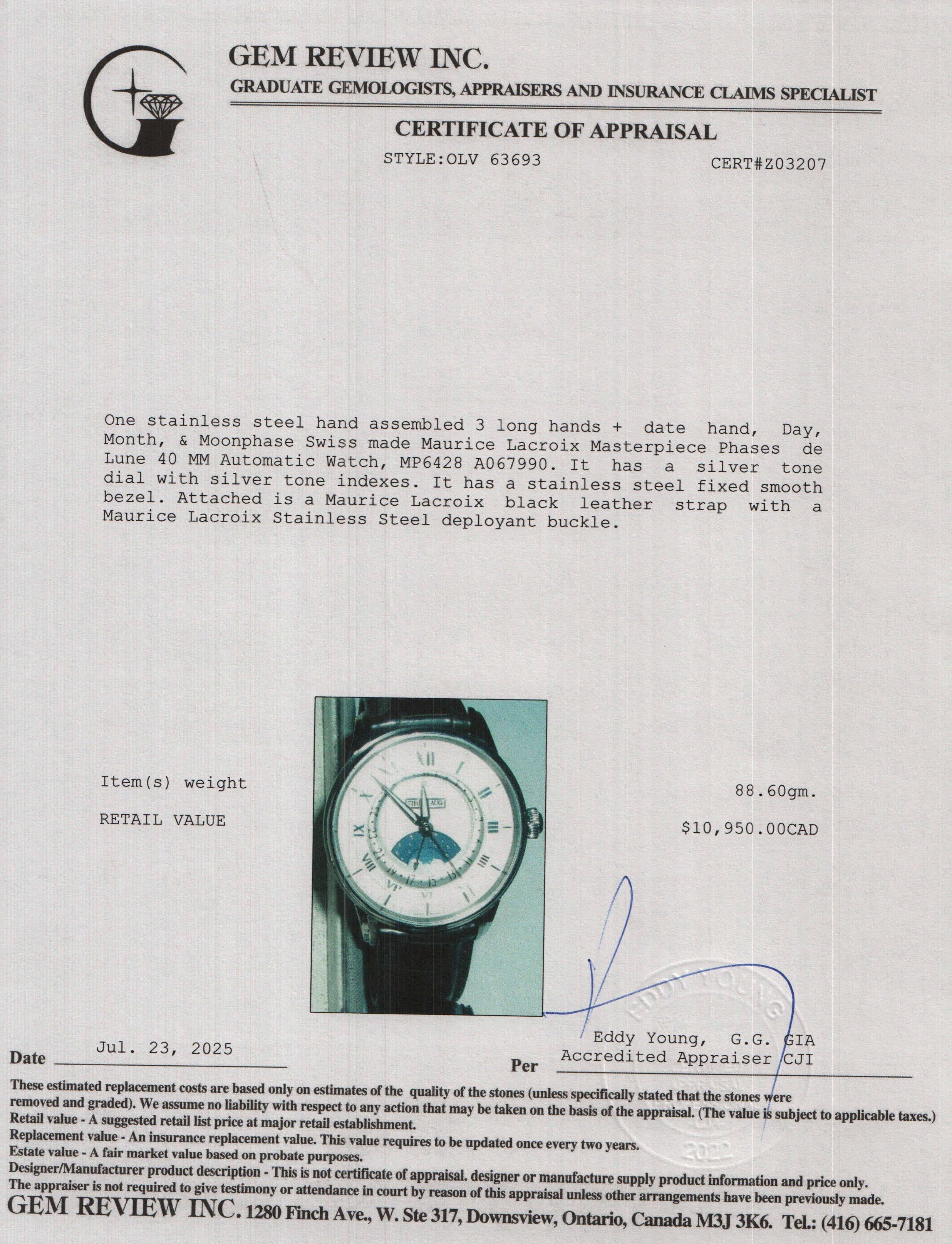 Maurice Lacroix Stainless Steel Masterpiece Phases de Lune 40 MM Automatic Watch w/ Box & Papers