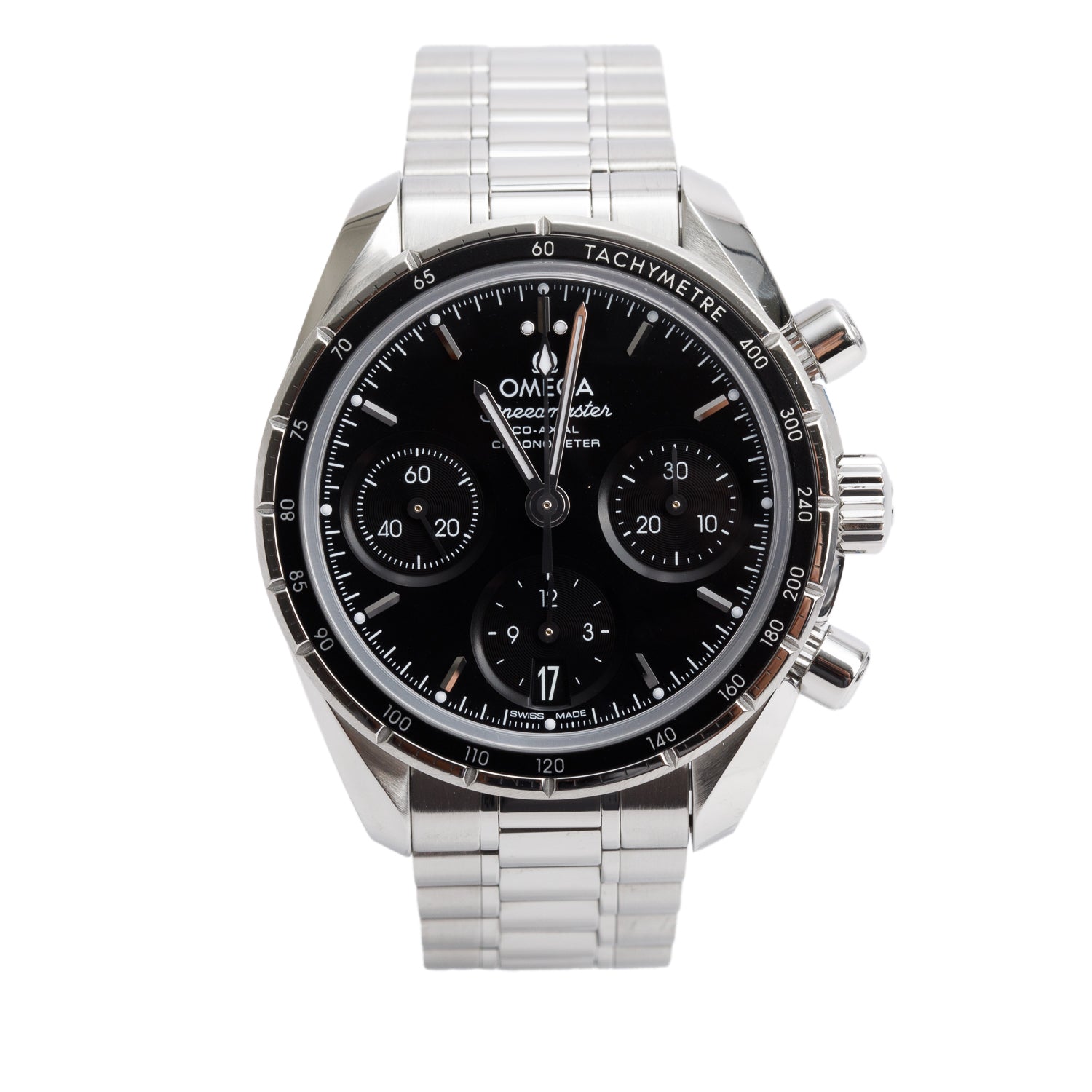 Omega Stainless Steel Speedmaster Co-Axial Chronometer 38 MM Automatic Chronograph Watch w/ Box & Papers
