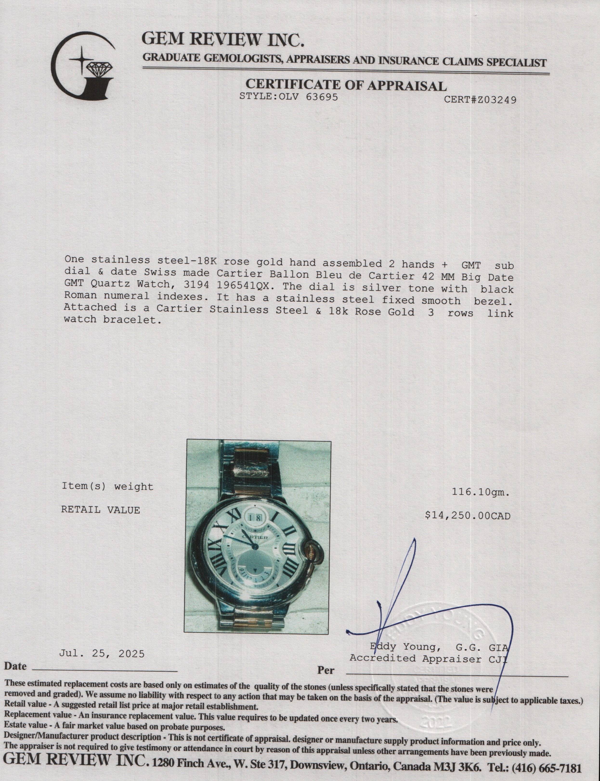 Cartier Stainless Steel & 18k Rose Gold Ballon Bleu de Cartier 42 MM Big Date GMT Quartz Watch 3194 w/ Box & Papers