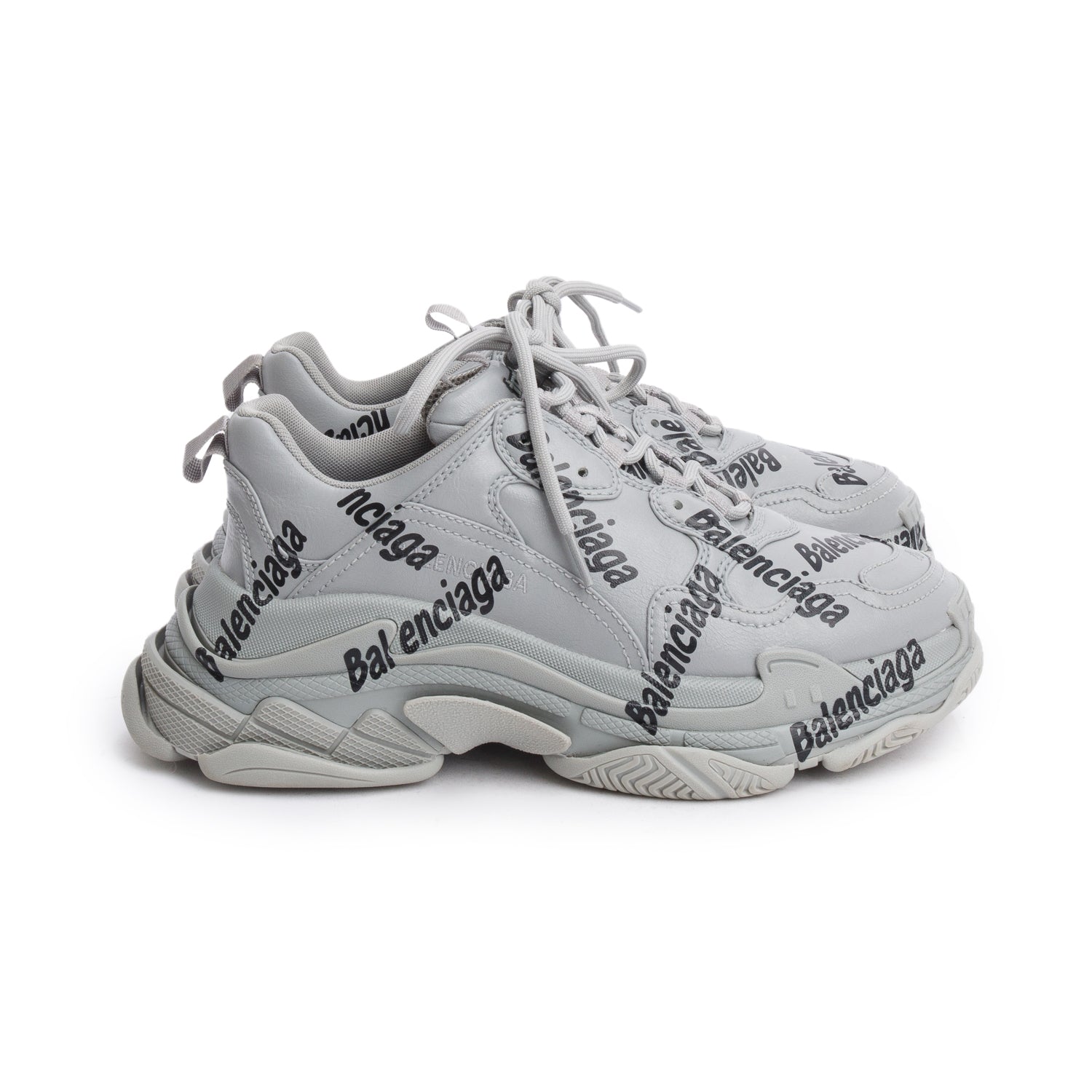 Balenciaga Grey Leather All Over Logo Triple S Chunky Sneakers, Men's Size 41 w/ Box