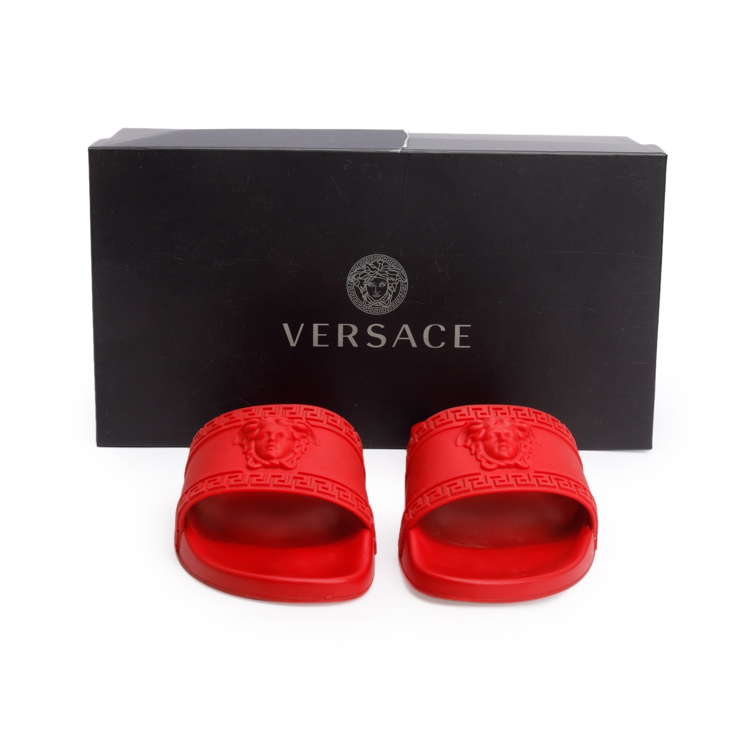 Versace Red Rubber Palazzo Pool Slides, Size 40.5 w/ Box