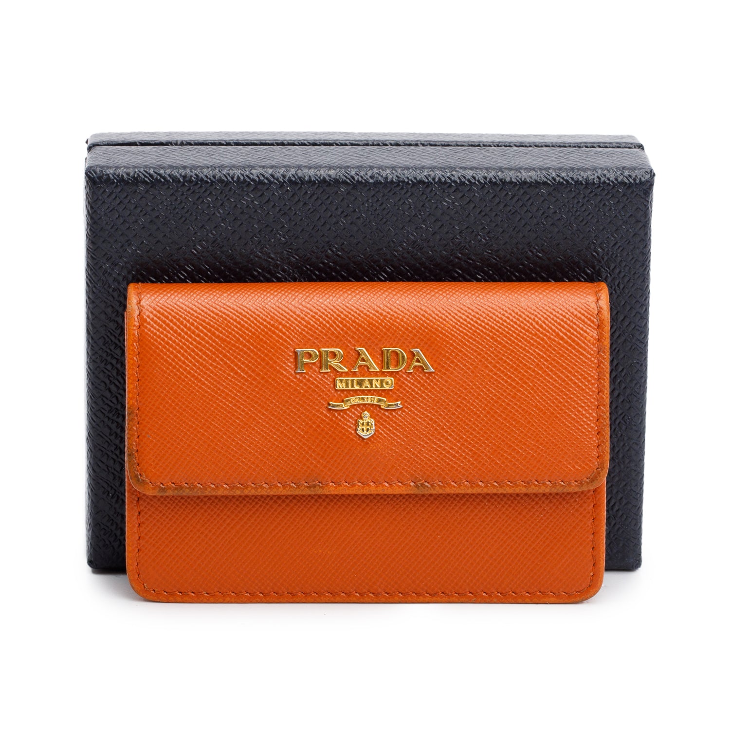 Prada Orange Saffiano Leather Flap Card Holder w/ Box & Authenticity Card