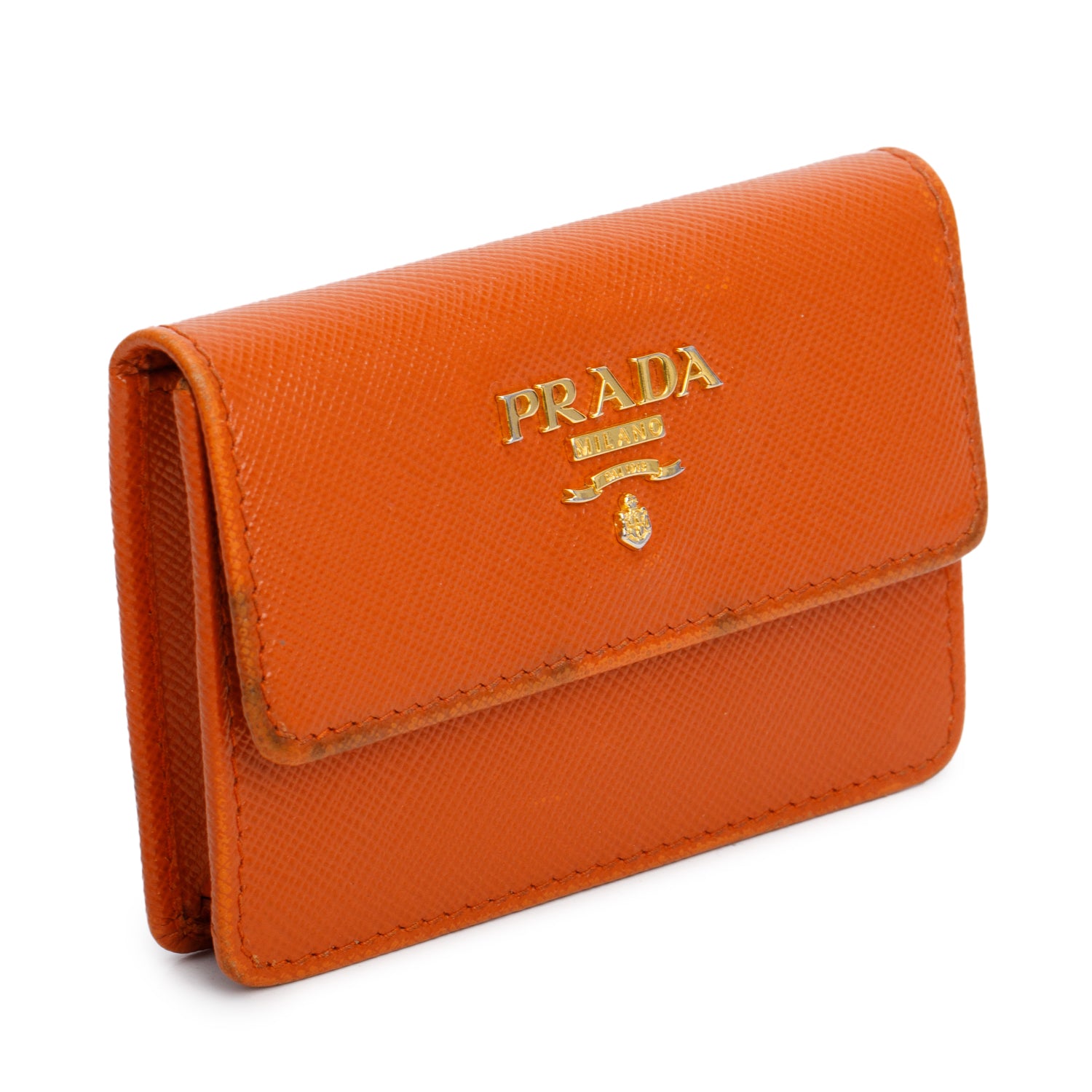 Prada Orange Saffiano Leather Flap Card Holder w/ Box & Authenticity Card