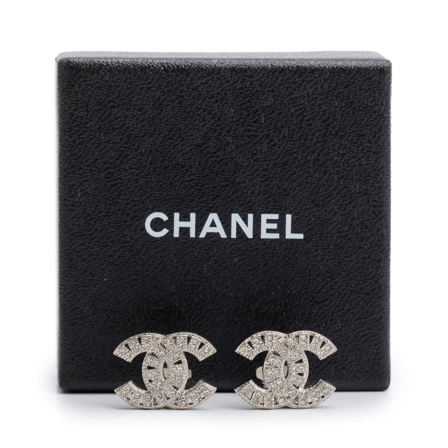 Chanel Palladium-Plated Strass CC Stud Clip-On Earrings w/ Box