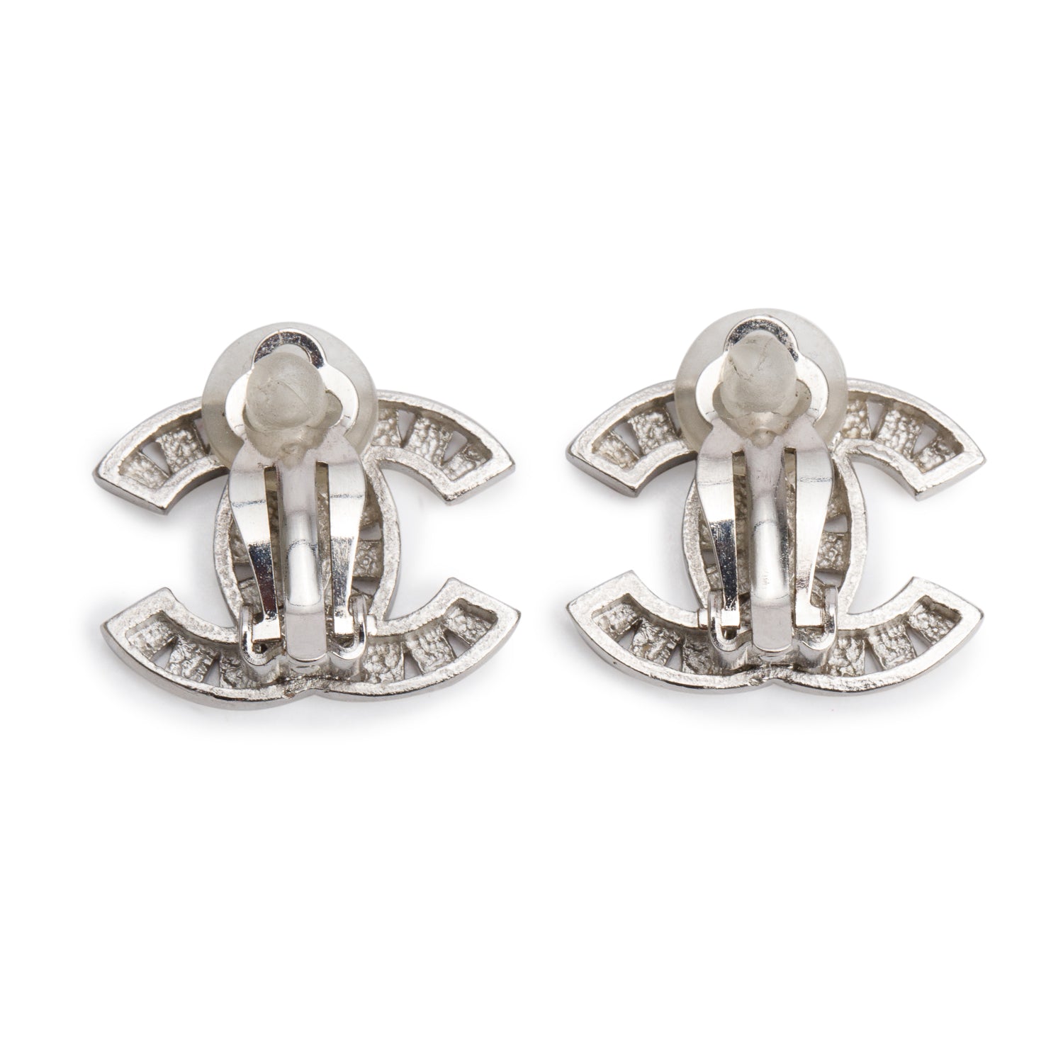 Chanel Palladium-Plated Strass CC Stud Clip-On Earrings w/ Box