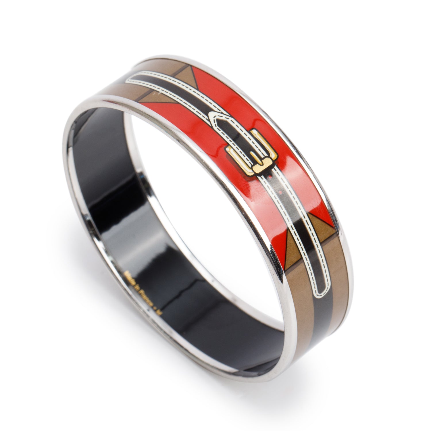 Hermes Palladium-Plated Enamel Printed Wide Sangles Bracelet