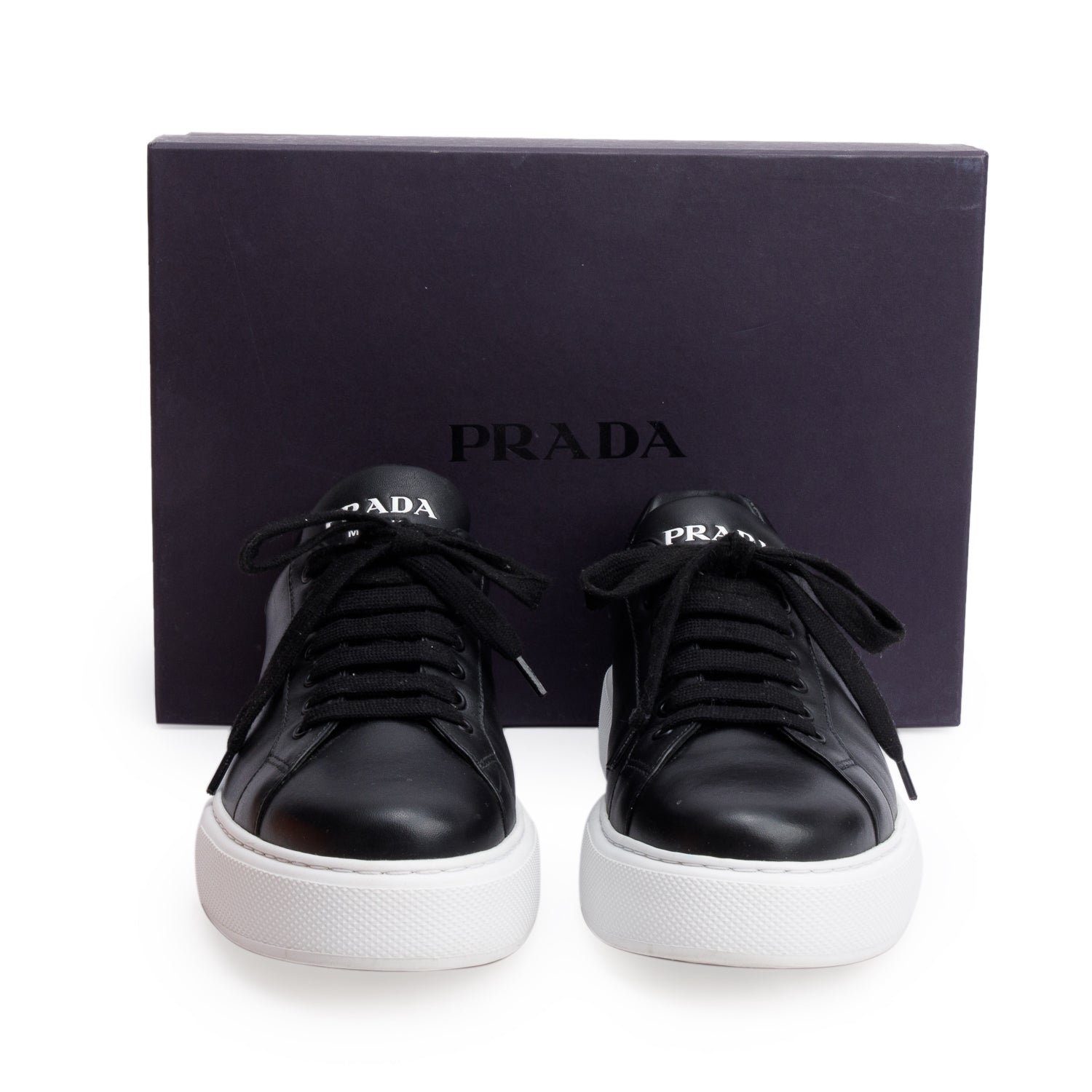 Prada 2022 Black Leather Platform Sneakers, Size 8 w/ Box & Receipt