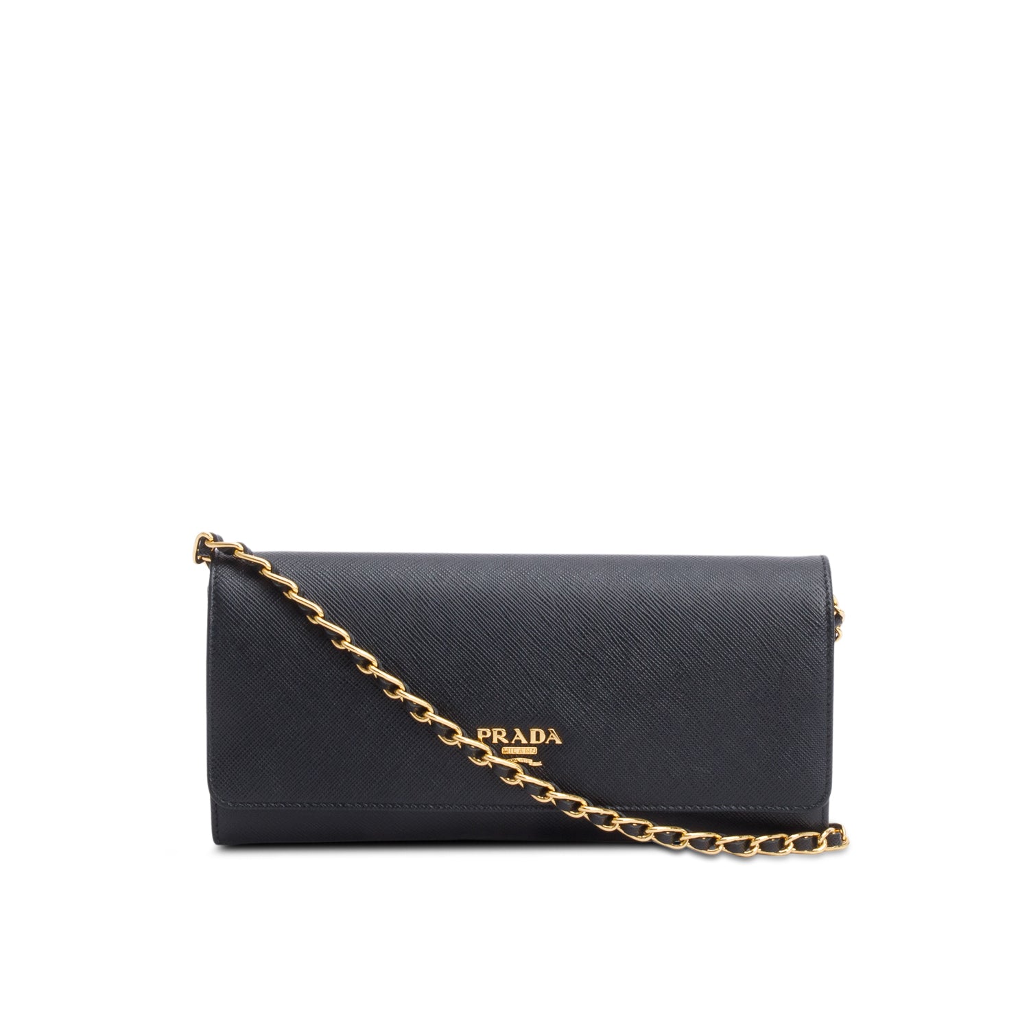 Prada Black Saffiano Metal Continental Wallet on Chain w/ Authenticity Card