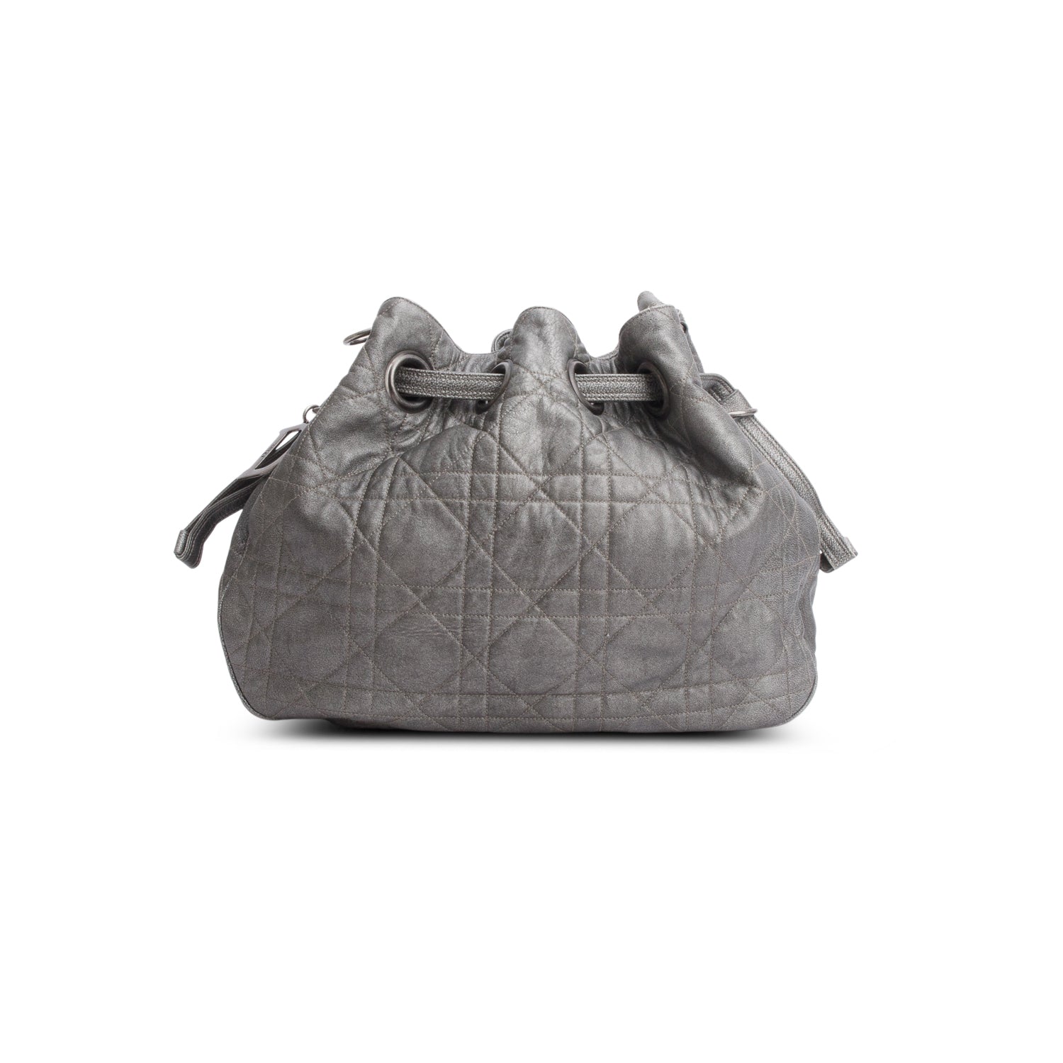 Christian Dior Silver Cannage Quilted Leather Drawstring Tote Bag