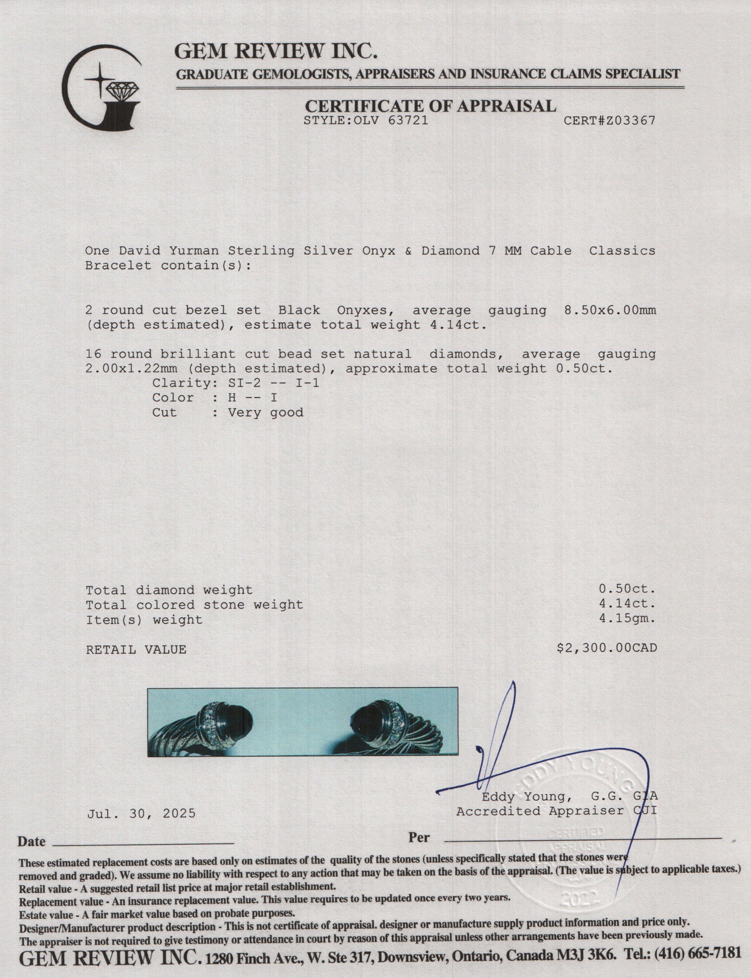 David Yurman Sterling Silver Onyx & Diamond 7 MM Cable Classics Bracelet