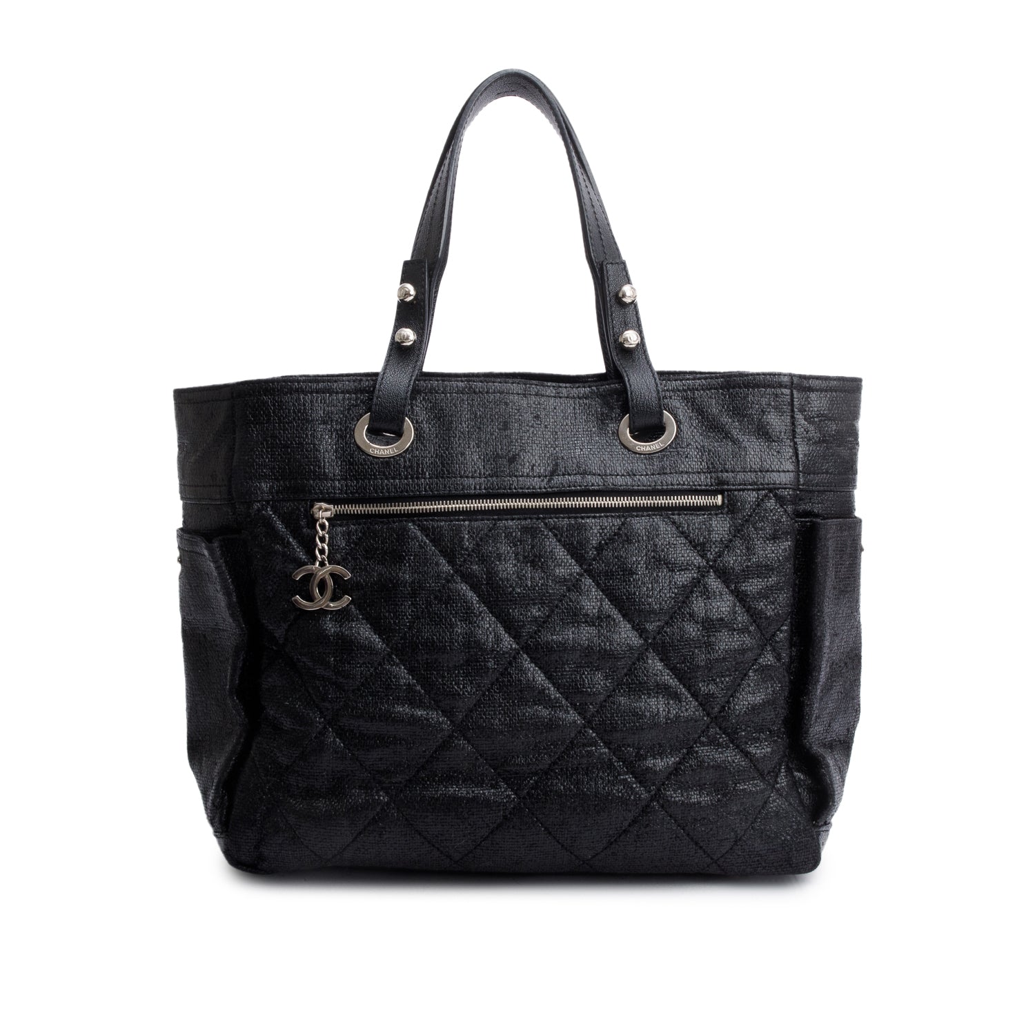 Chanel Black Quilted Coated Canvas Large Paris Biarritz Tote w/ Pouch