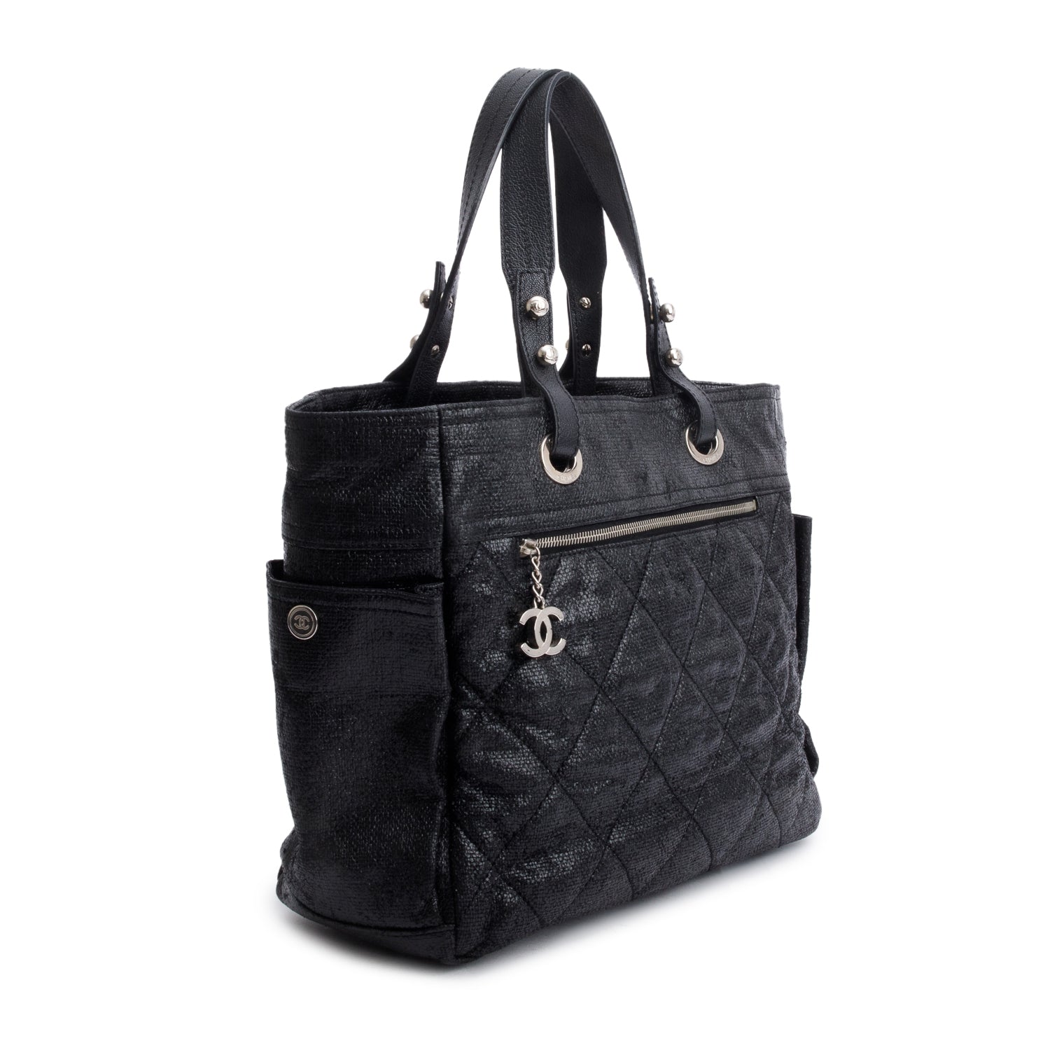 Chanel Black Quilted Coated Canvas Large Paris Biarritz Tote w/ Pouch