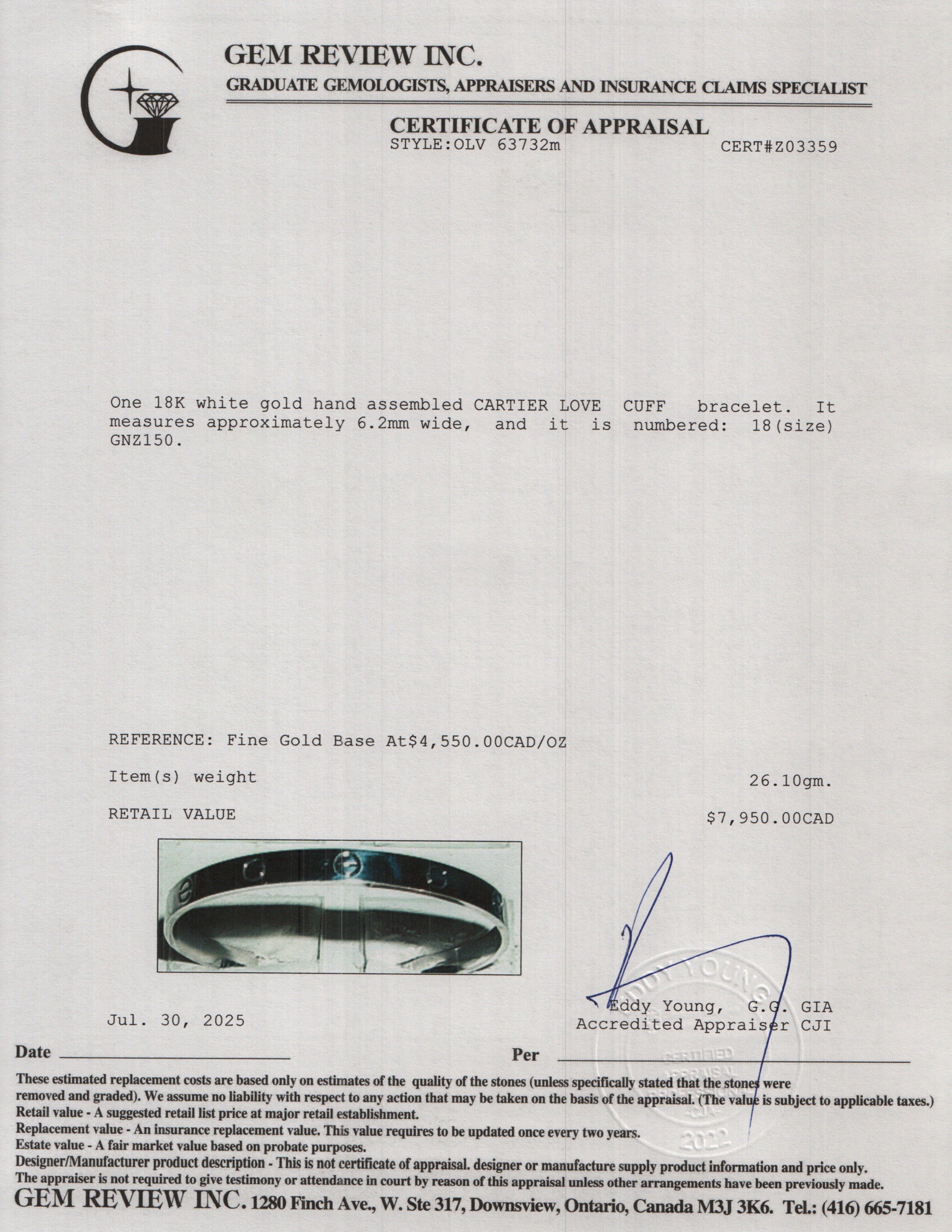 Cartier 18k White Gold Love Cuff, Size 18 w/ Box & Certificate