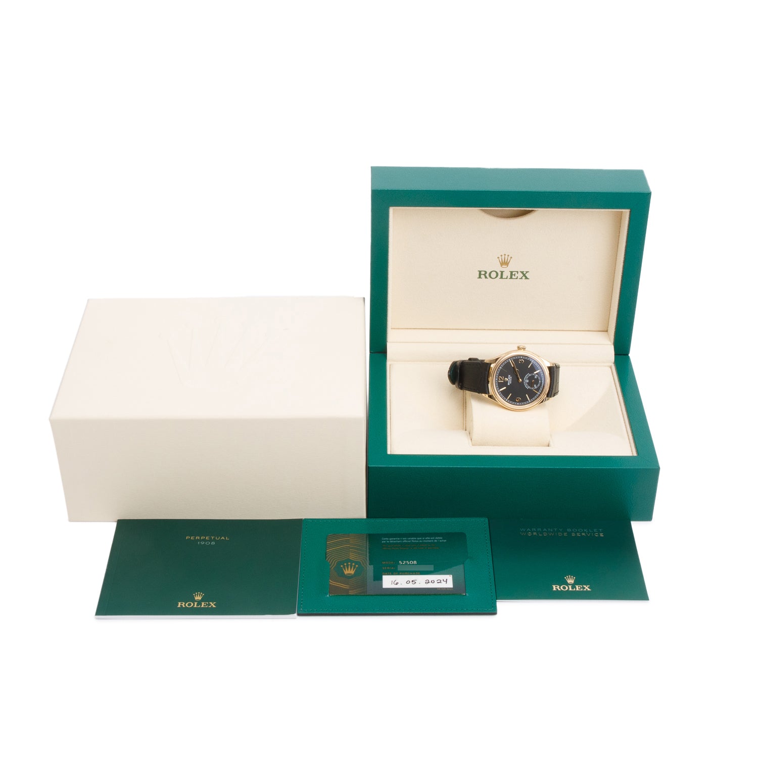 Rolex 2024 18k Yellow Gold 1908 39 MM Automatic Watch Black Dial 52508 w/ Box & Papers