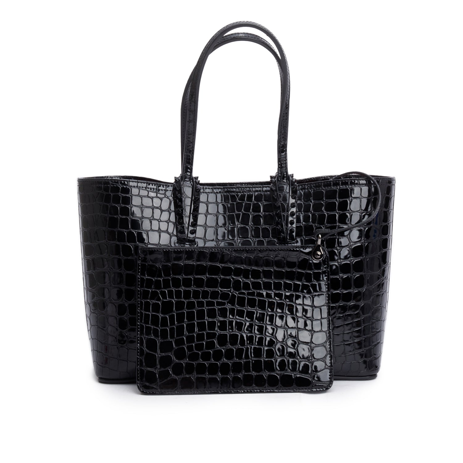 Christian Louboutin Black Alligator Embossed Calf Leather Spike Small Cabarock Tote Bag w/ Pouch