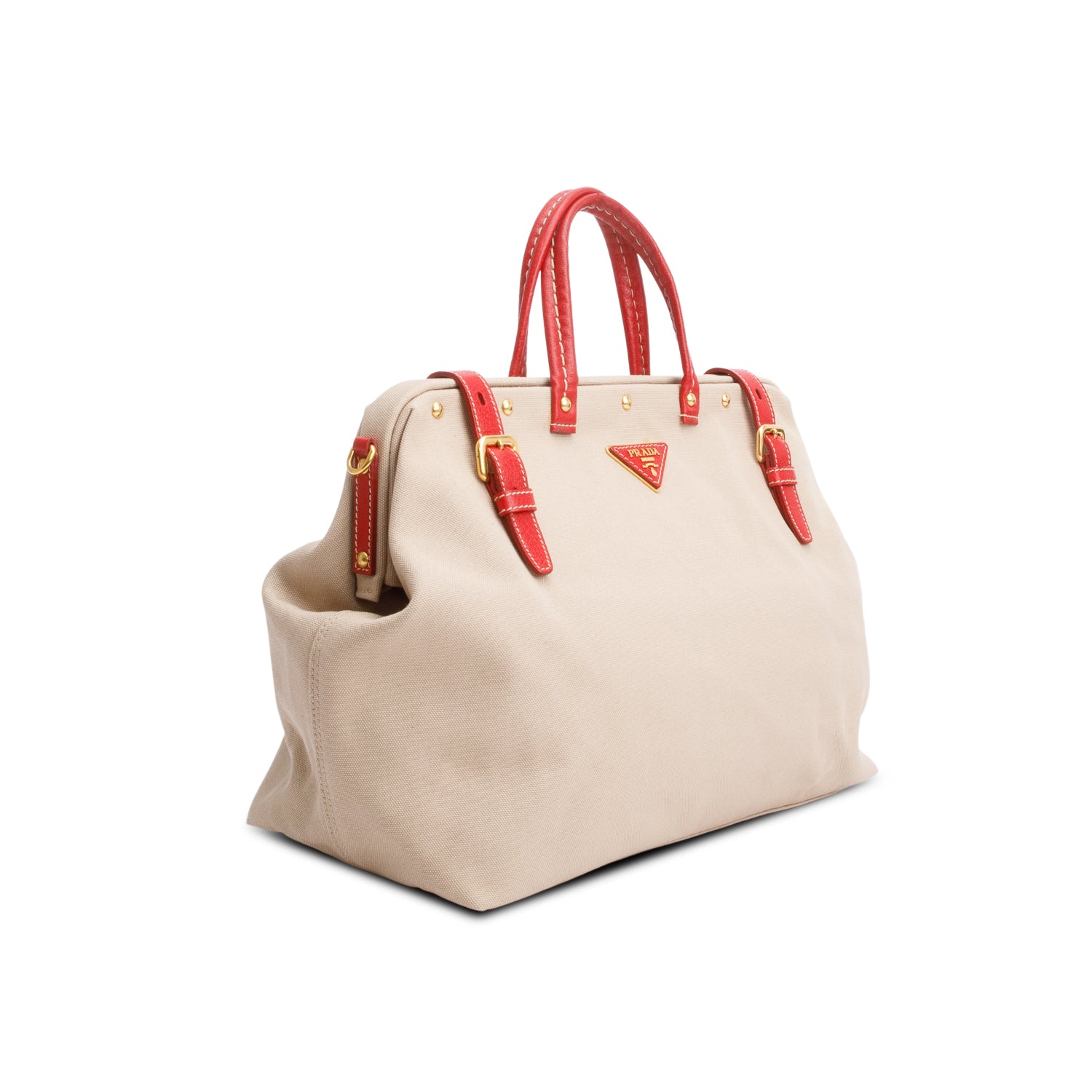 Prada Neutral Canvas Red Leather Trim Frame Tote