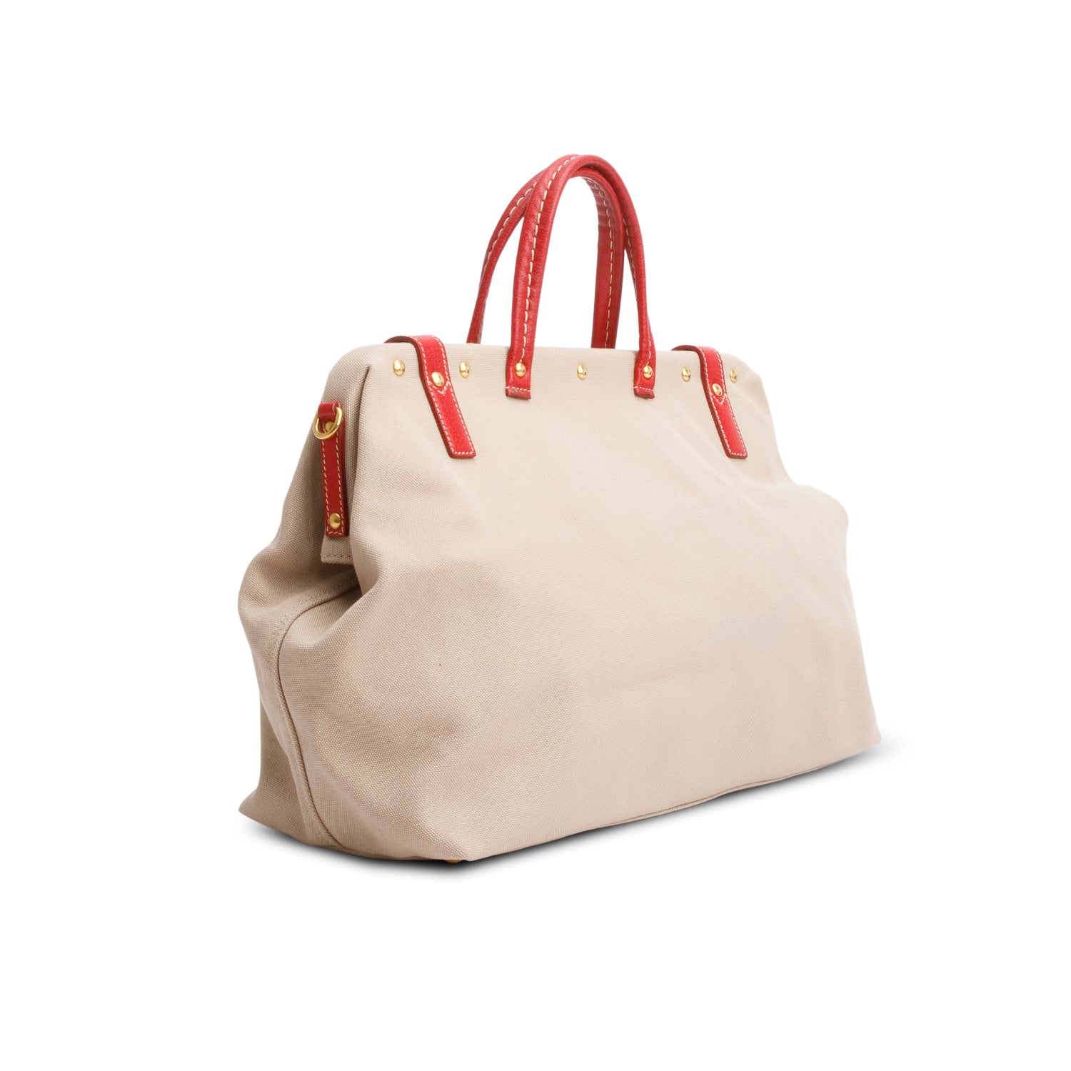 Prada Neutral Canvas Red Leather Trim Frame Tote