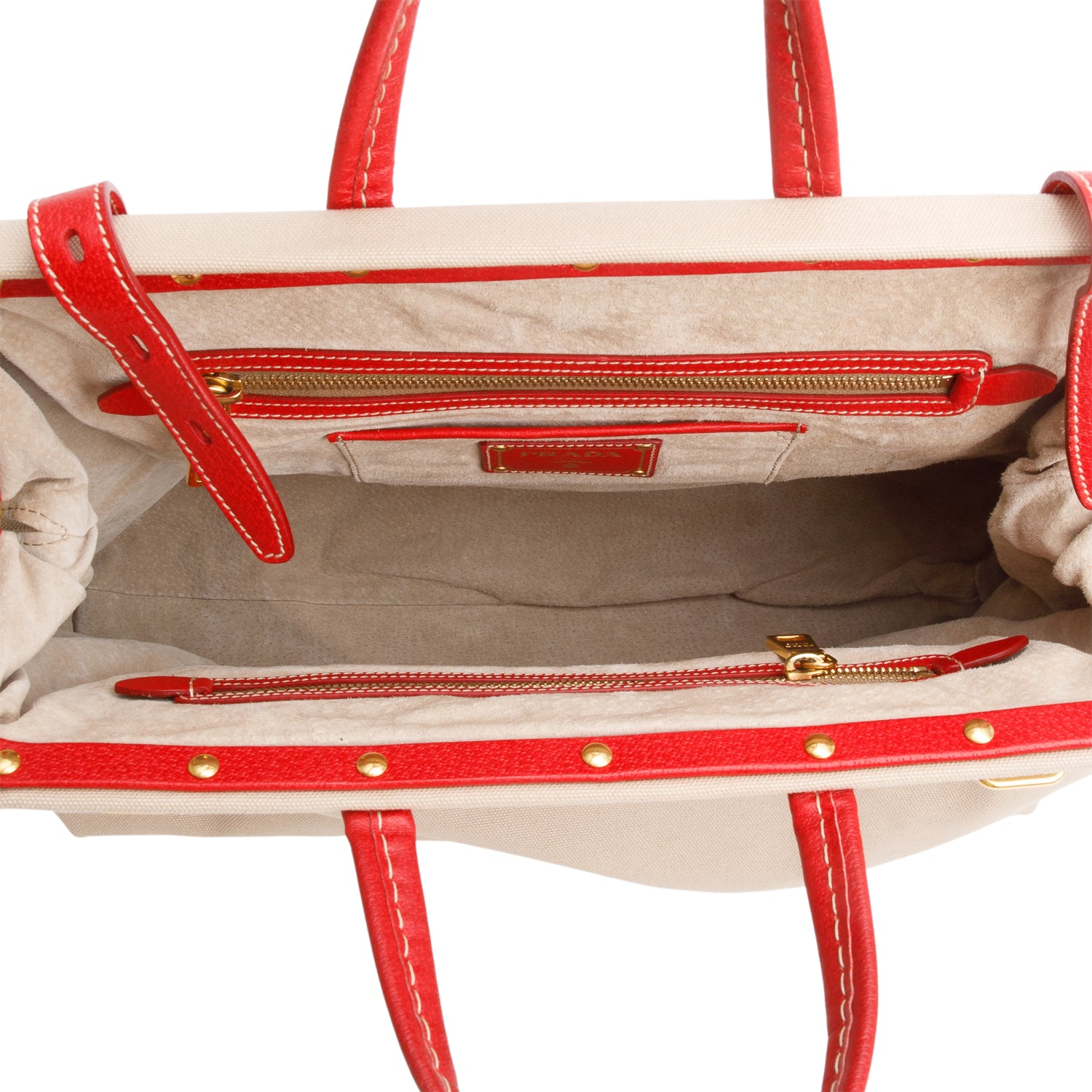Prada Neutral Canvas Red Leather Trim Frame Tote