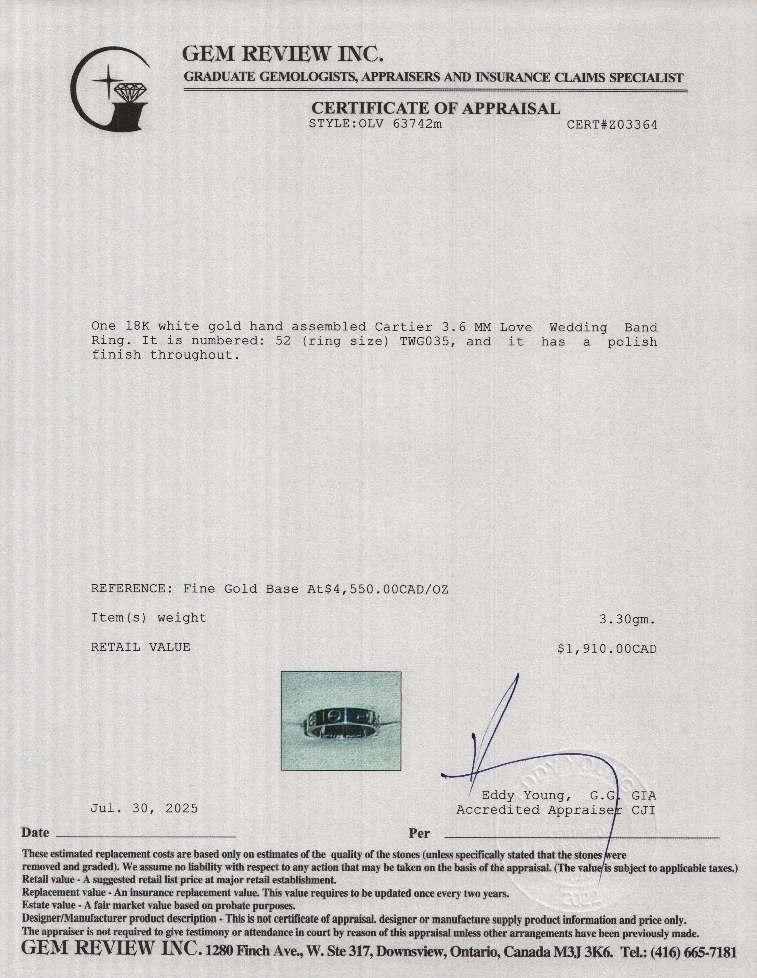 Cartier 2023 18k White Gold 3.6 MM Love Wedding Band Ring, Size 52 6 w/ Box & Certificate