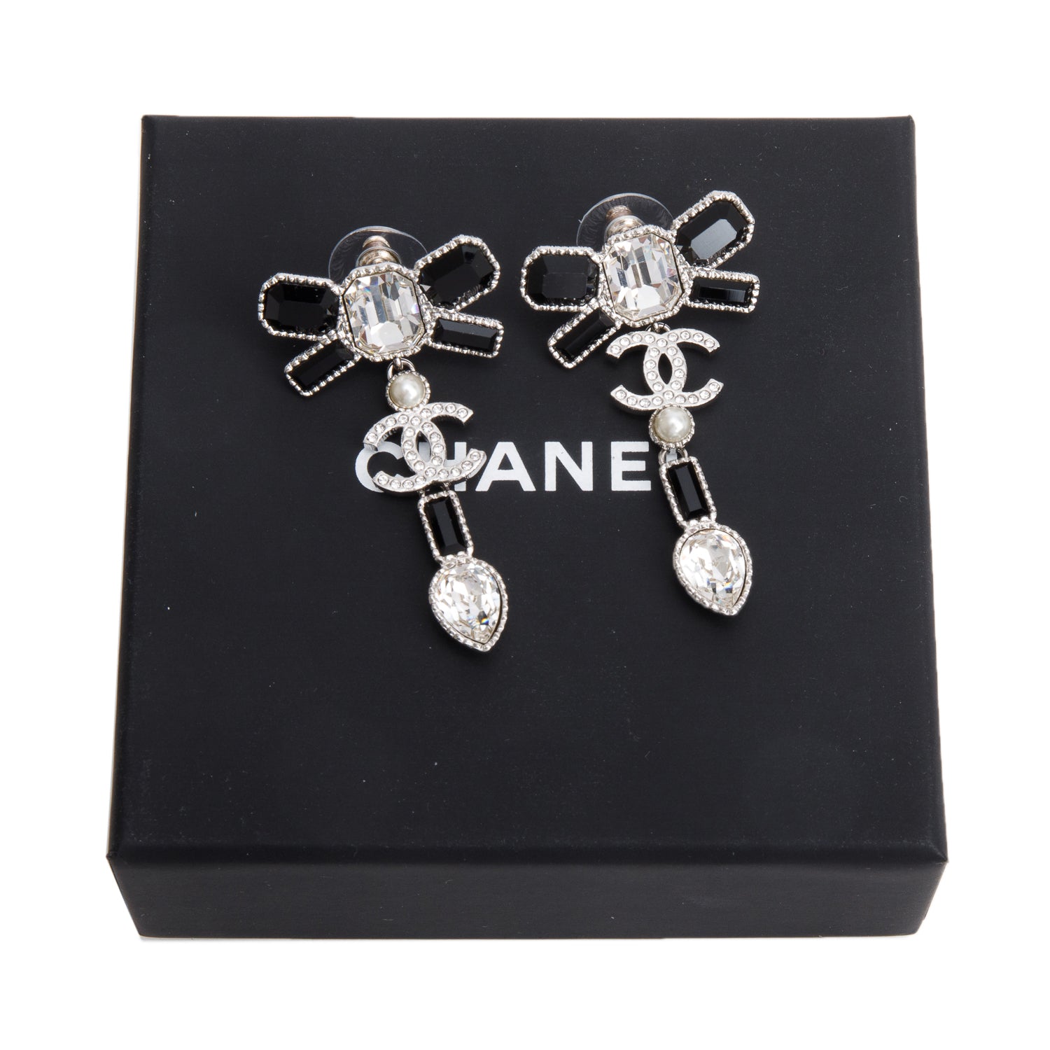 Chanel 2023 Palladium-Plated Faux Pearl & Strass CC Bow Drop Earrings w/ Box