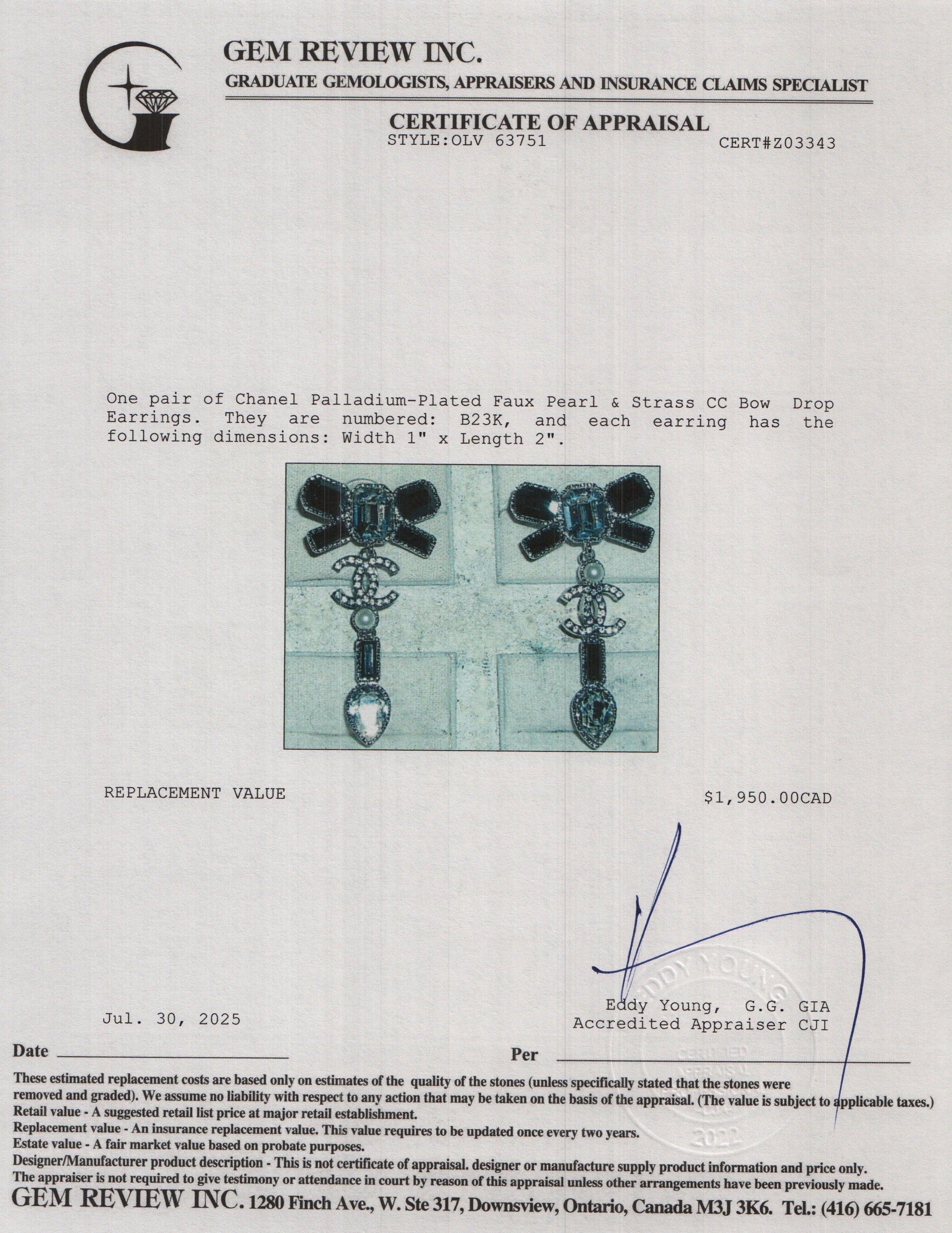 Chanel 2023 Palladium-Plated Faux Pearl & Strass CC Bow Drop Earrings w/ Box