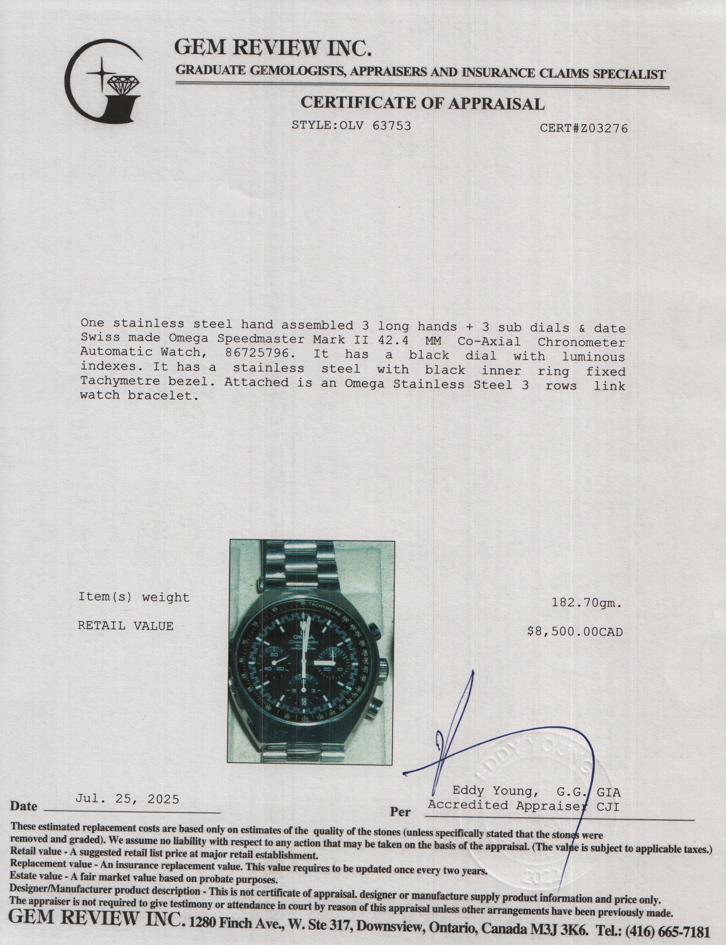 Omega Stainless Steel Speedmaster Mark II 42.4 MM Co-Axial Chronometer Automatic Watch Black Dial w/ Box & Papers