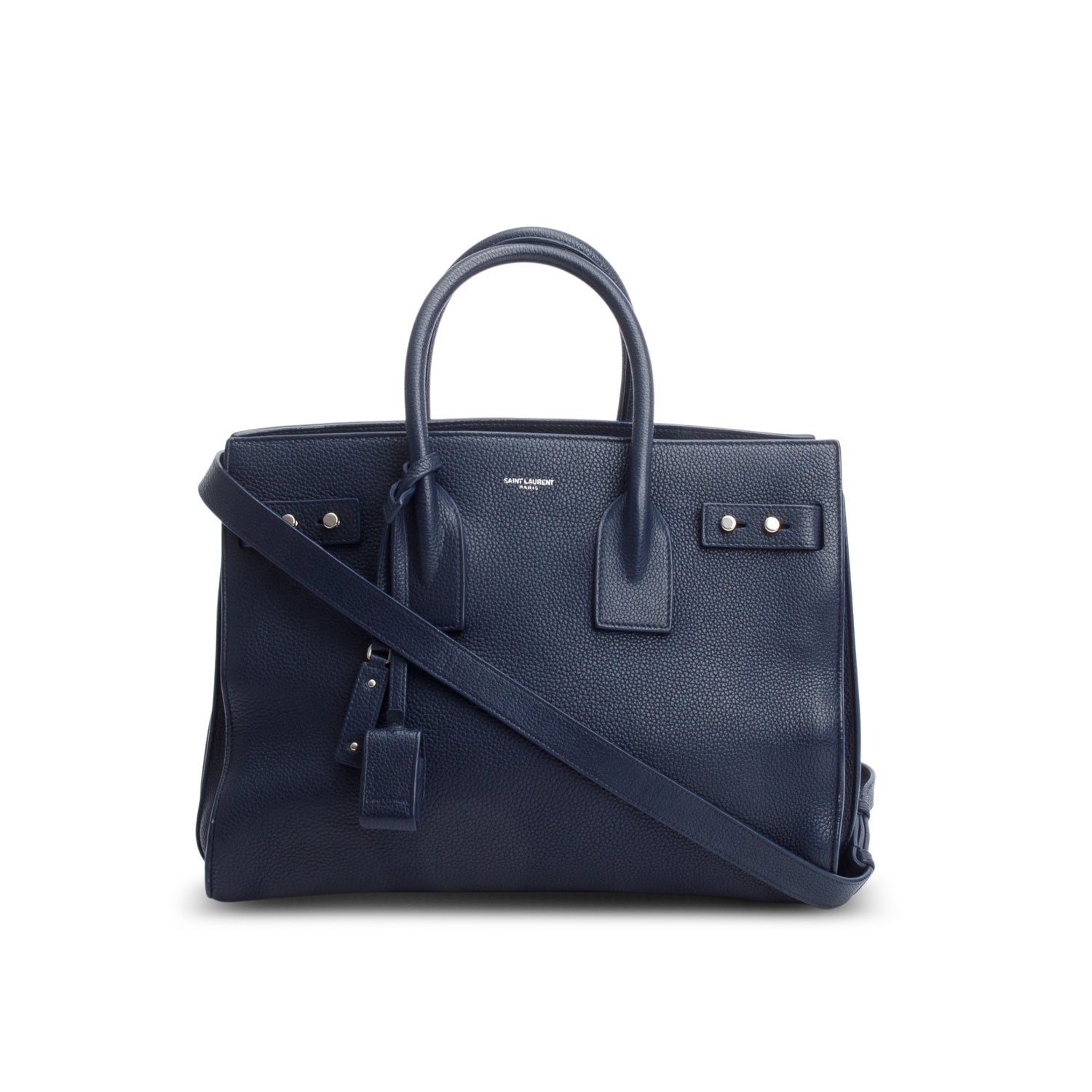 Saint Laurent Navy Supple Grained Leather Small Sac De Jour w/ Strap