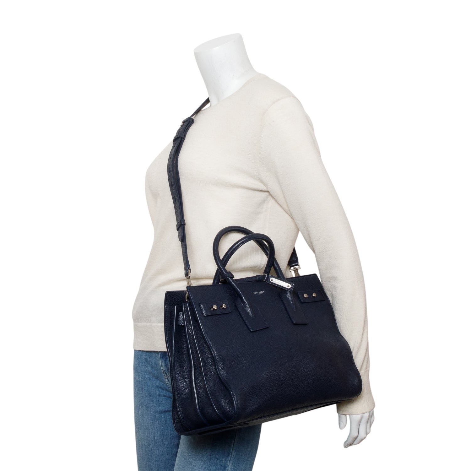 Saint Laurent Navy Supple Grained Leather Small Sac De Jour w/ Strap