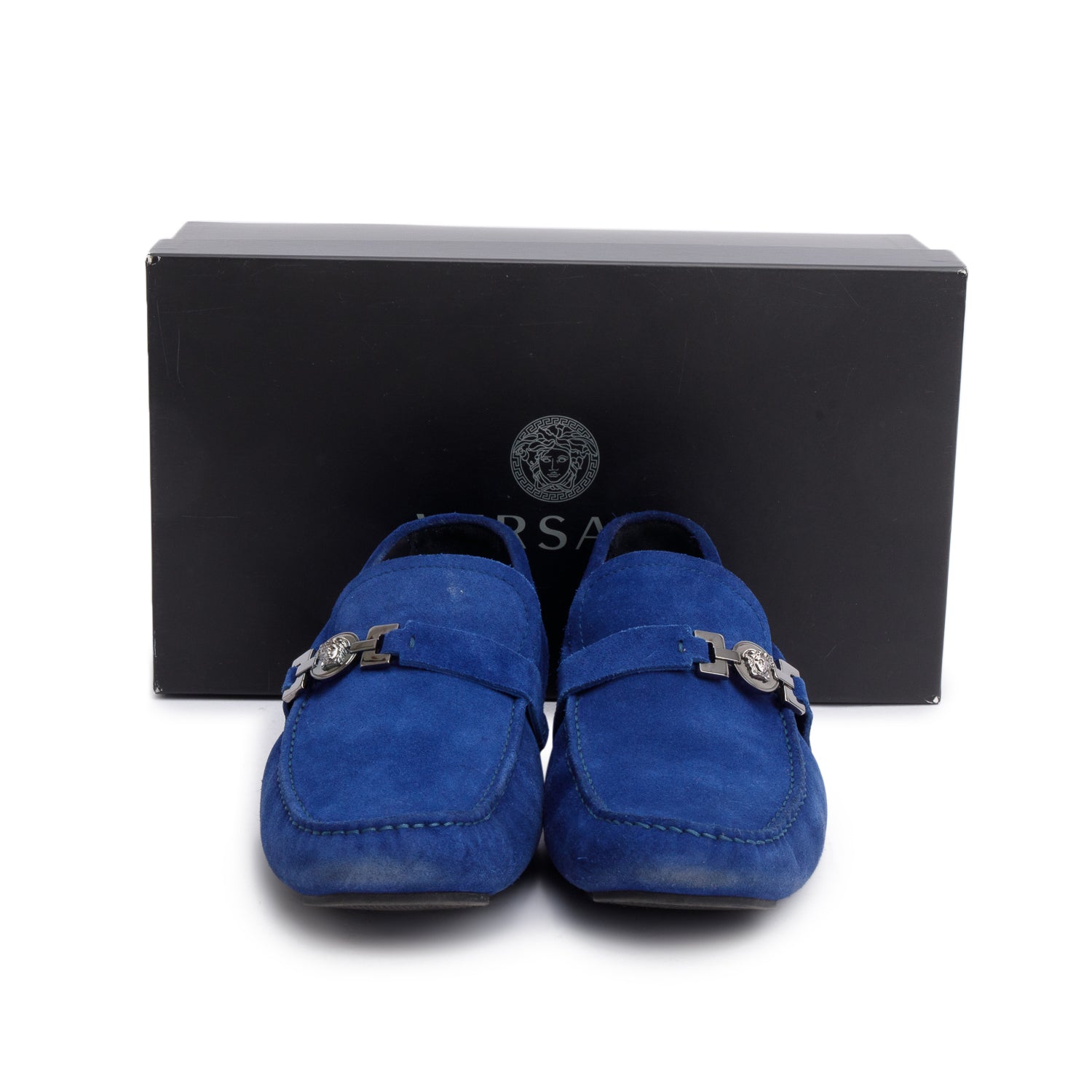 Versace Blue Suede Medusa Biggie Driver Loafers, Men's Size 42 w/ Box